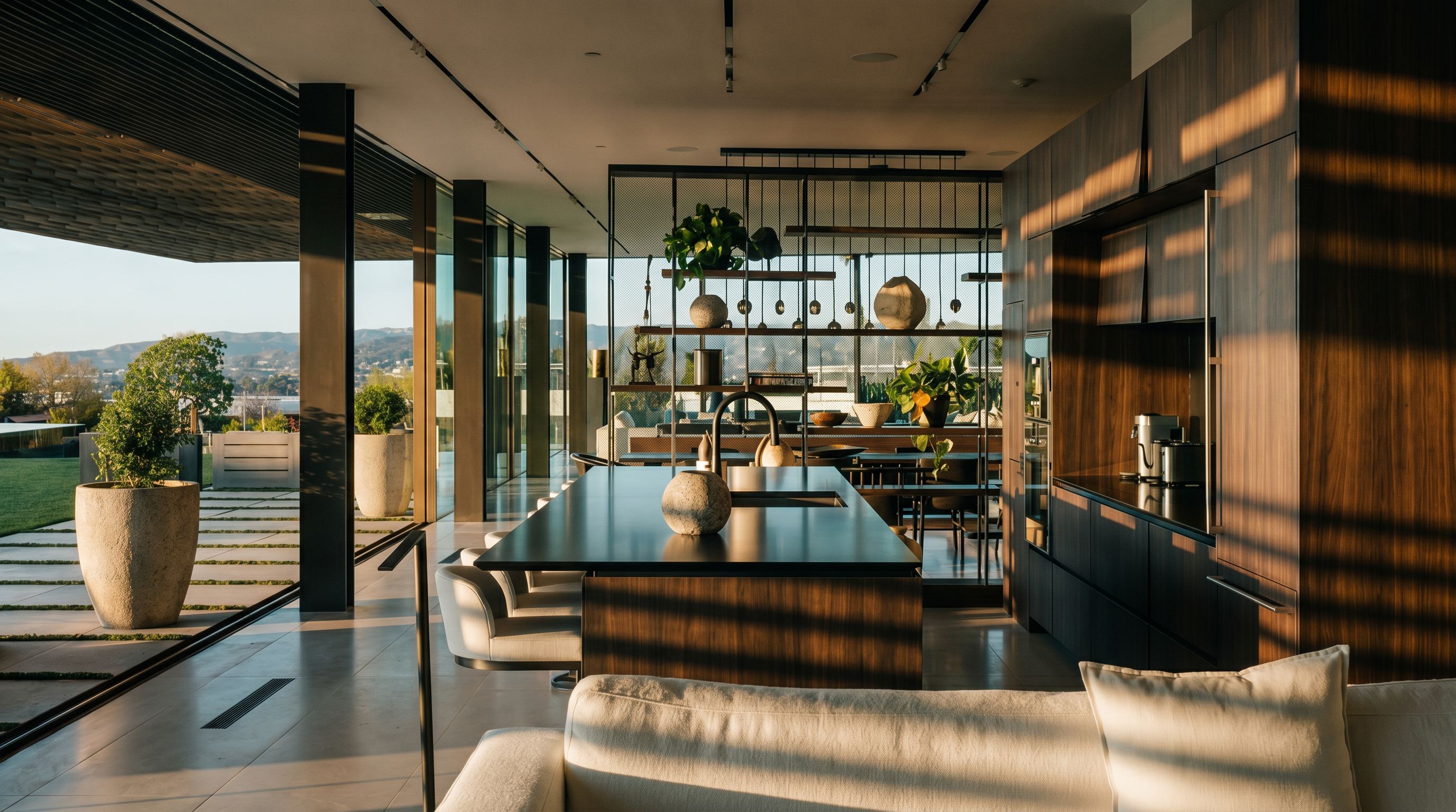 This sophisticated, modern kitchen features a sleek, dark-toned island with a minimalist faucet and a decorative stone sphere, set against a backdrop of rich wood cabinetry. The open-concept design seamlessly integrates with an expansive outdoor patio, offering a breathtaking panoramic view of the surrounding hills through floor-to-ceiling glass walls. The space is bathed in warm, golden-hour sunlight, creating a luxurious and serene atmosphere that emphasizes high-end architectural design.