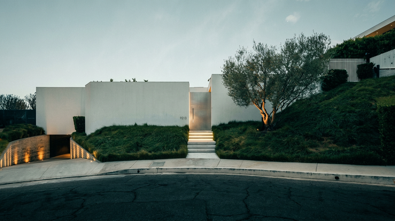 This striking modern residence features a minimalist white facade with a prominent, sleek metallic front door and integrated landscape lighting. The property is set into a gentle hillside with lush, manicured greenery and a curved driveway leading to a subterranean garage entrance. The perspective is a low-angle street view, emphasizing the home's clean architectural lines and sophisticated, contemporary curb appeal.