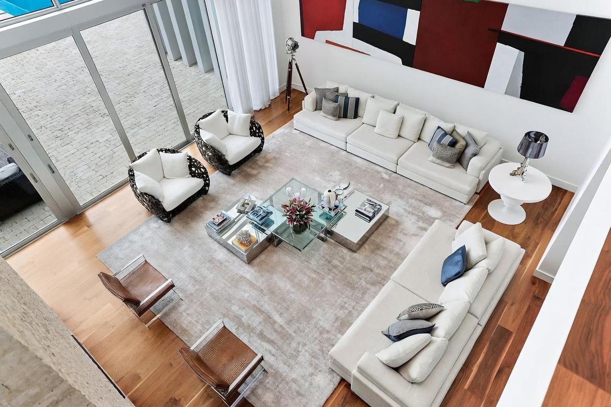This high-angle shot captures a spacious, modern living room featuring two large, light-colored sofas arranged in an L-shape around a central glass-topped coffee table. The room is accented by two dark-wicker armchairs, two leather-upholstered chairs, and a large, bold abstract painting on the wall. Large windows provide a view of the outdoor patio, while the warm wood flooring and neutral area rug create a sophisticated and inviting atmosphere.