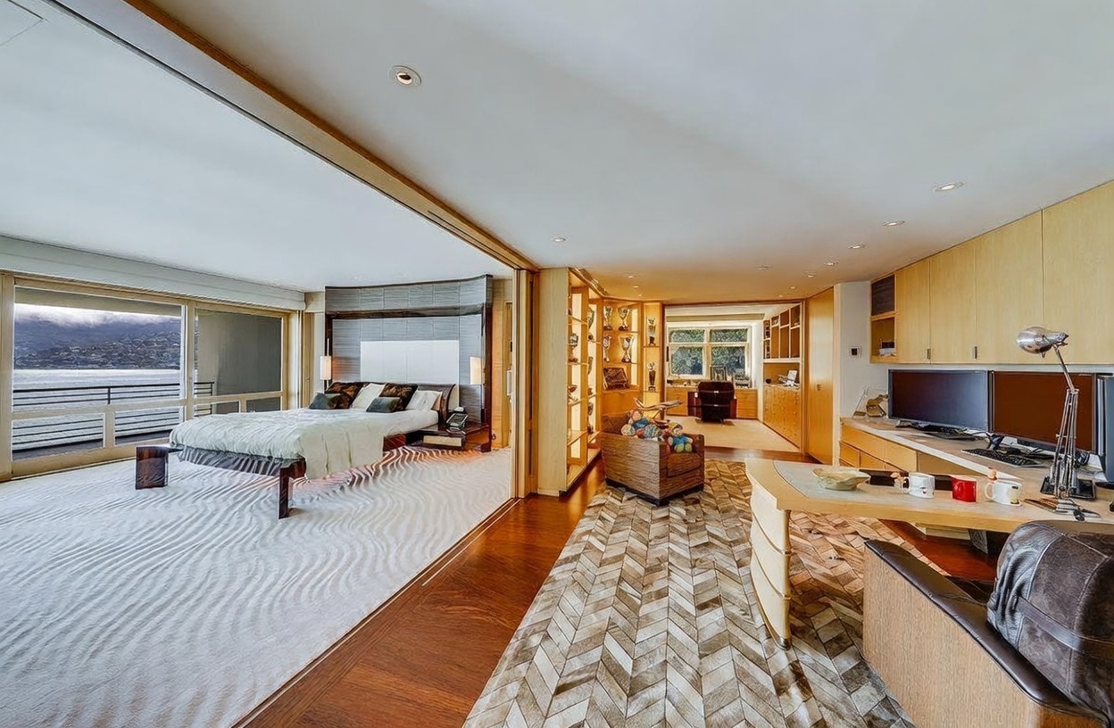 This expansive primary suite features an open-concept layout that seamlessly connects a bedroom area with a dedicated office space. The bedroom is highlighted by large windows overlooking a body of water, while the office area includes a built-in desk, shelving, and a patterned area rug. The room is finished with light wood cabinetry and warm, recessed lighting, creating a sophisticated and airy atmosphere.