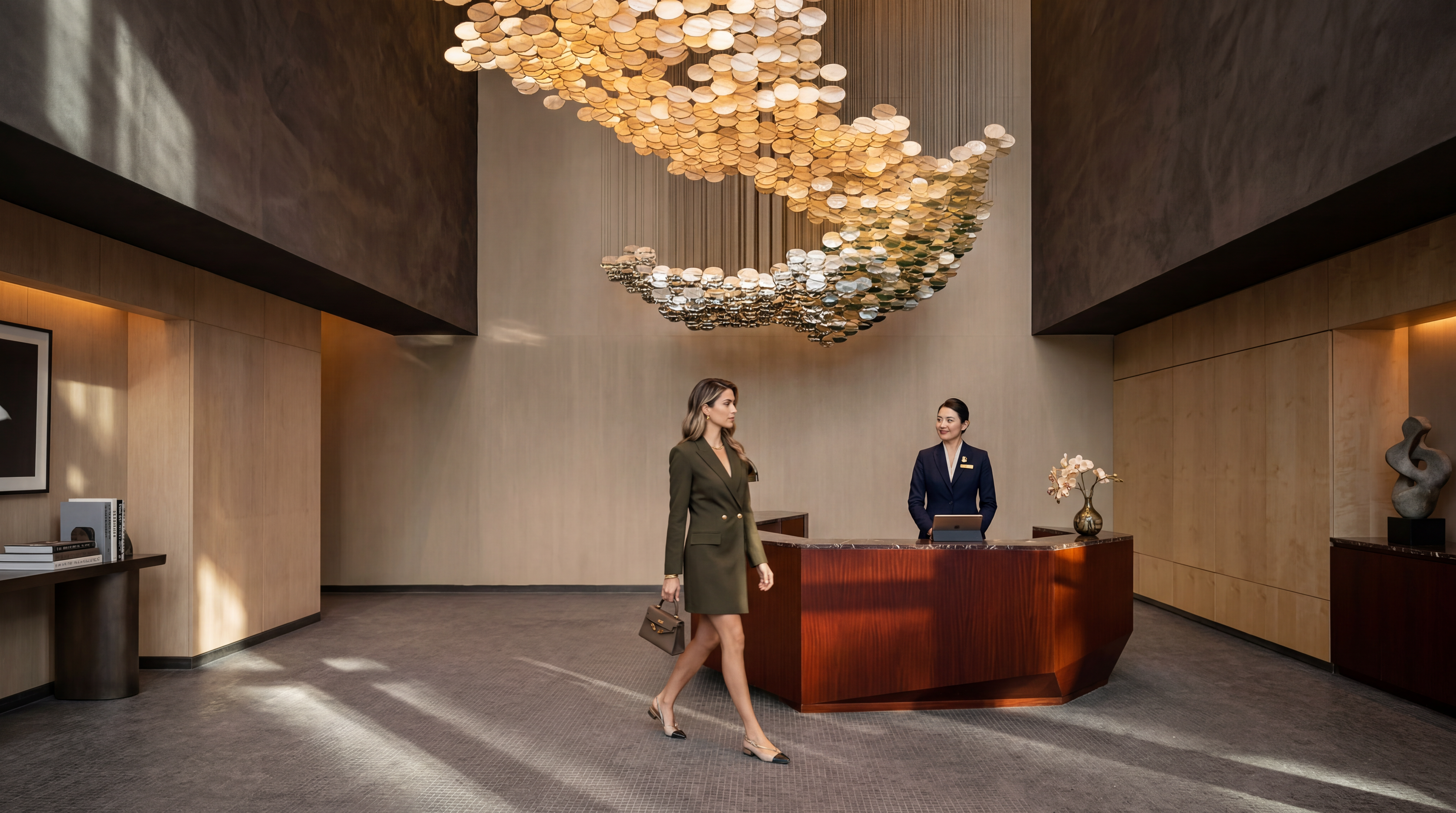 This sophisticated lobby features a striking, large-scale sculptural art installation made of suspended circular discs that cascade from the ceiling. A polished, dark wood reception desk with a marble top serves as the focal point, complemented by a sleek, modern table lamp. The space is defined by high ceilings, neutral wall tones, and a textured grey carpet, creating an atmosphere of refined luxury and professional elegance.