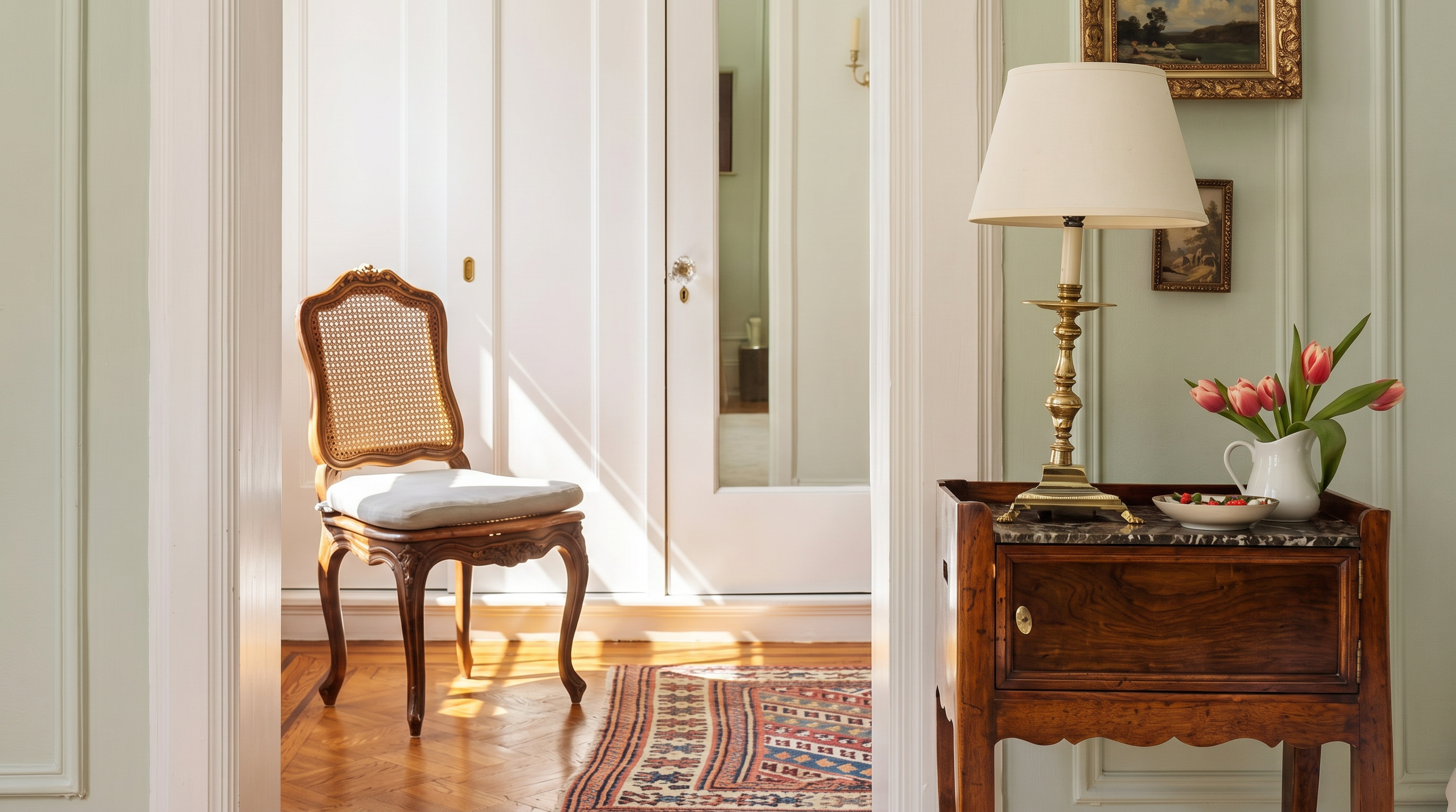 This elegant interior view captures a transition space between two rooms, framed by classic architectural molding and soft sage-green walls. A refined wooden side table with a lamp sits in the foreground, while the doorway reveals a sunlit room featuring a cane-back chair, white built-in cabinetry, and polished hardwood floors. The composition creates a sophisticated, timeless atmosphere that highlights the home's traditional charm and attention to detail.