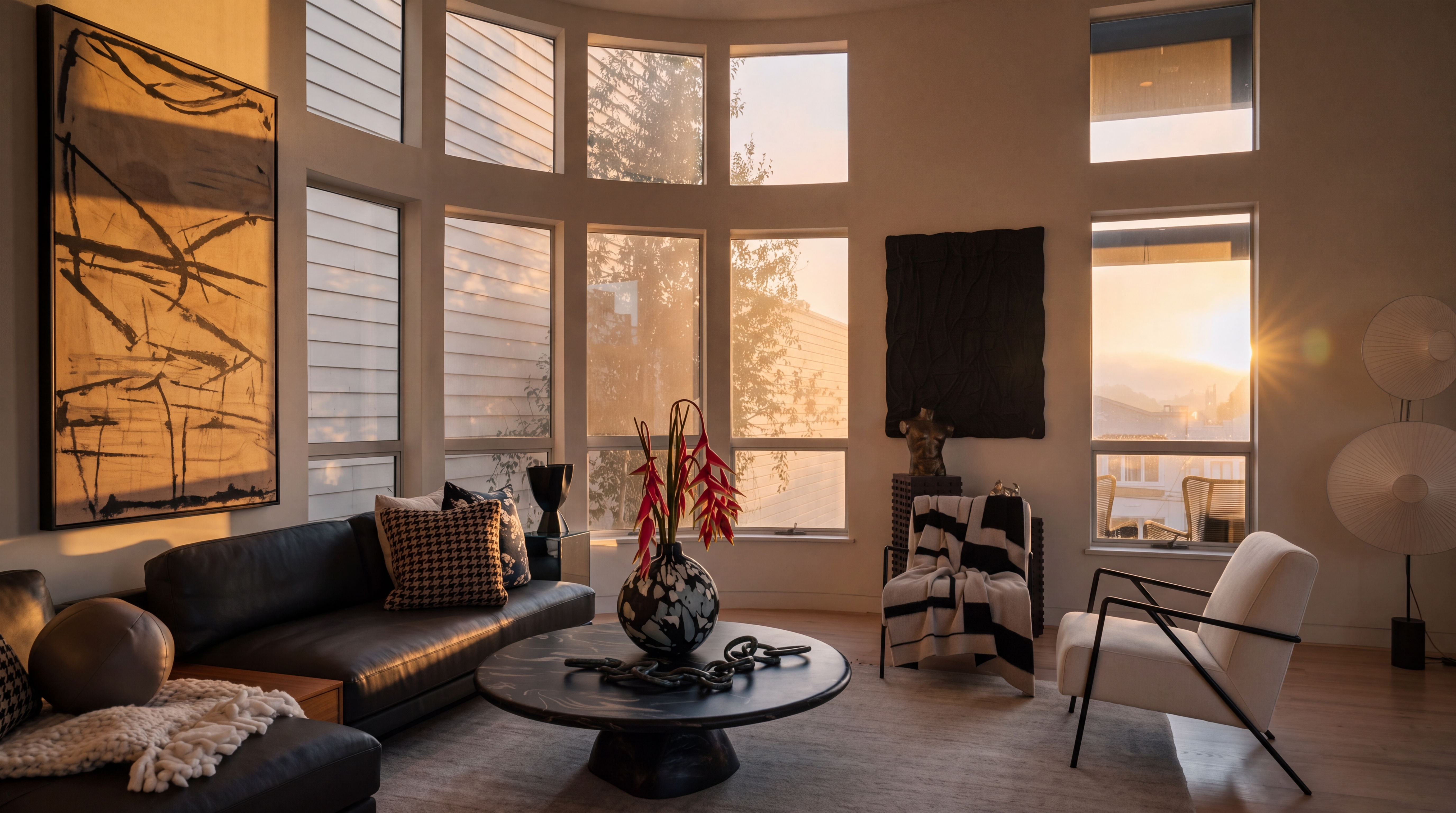 This sophisticated living room features a curved wall of large windows that flood the space with natural light and offer an expansive view. The room is anchored by a dark leather sofa and a striking circular stone coffee table, complemented by a modern white armchair and a textured black-and-white throw. Artistic accents, including a large abstract wall piece and a sculptural bust, contribute to a curated, high-end contemporary aesthetic.