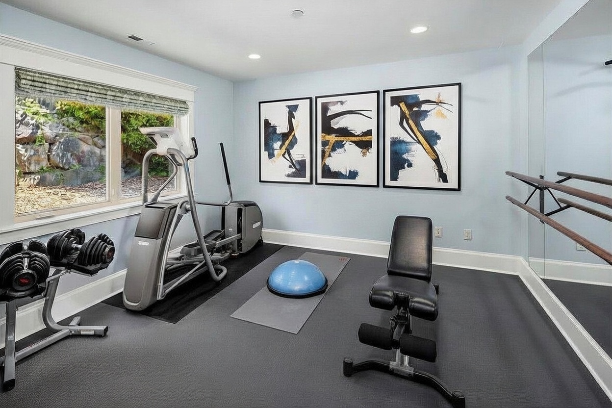 This home gym features light blue walls, a dark rubberized floor, and a large window looking out onto a rocky landscape. The space is equipped with an elliptical machine, a weight bench, a balance ball, and a ballet barre mounted against a mirrored wall. Three abstract art pieces hang above the equipment, creating a clean and functional workout environment.
