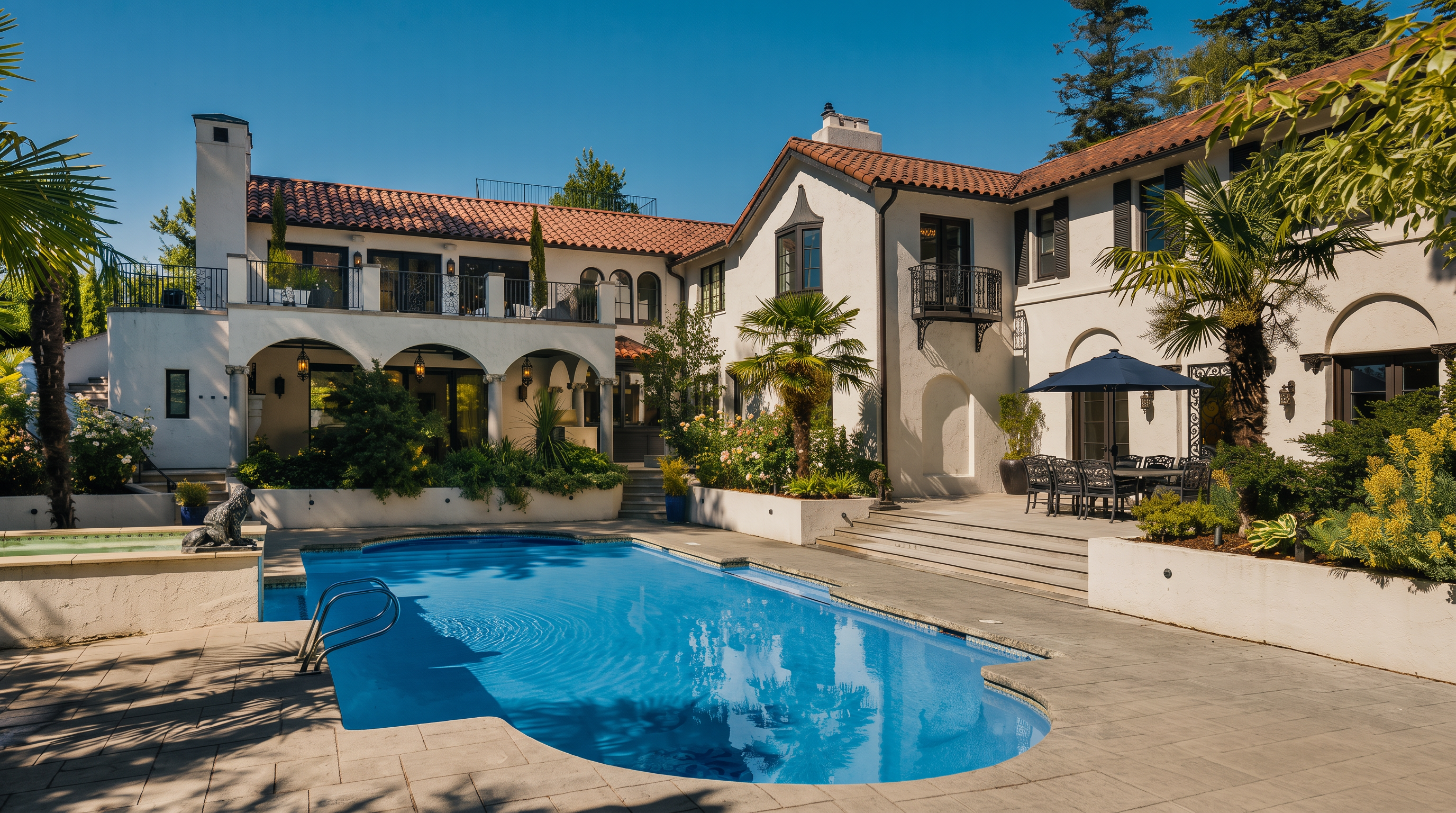This expansive Mediterranean-style estate features a prominent rear facade with a terracotta tile roof, white stucco walls, and arched architectural details. A large, sparkling blue swimming pool serves as the centerpiece of the backyard, complemented by a stone-paved patio area with lounge chairs and an outdoor dining set under a blue umbrella. The scene is captured from a ground-level perspective, showcasing the seamless integration of luxury indoor-outdoor living spaces surrounded by lush landscaping.