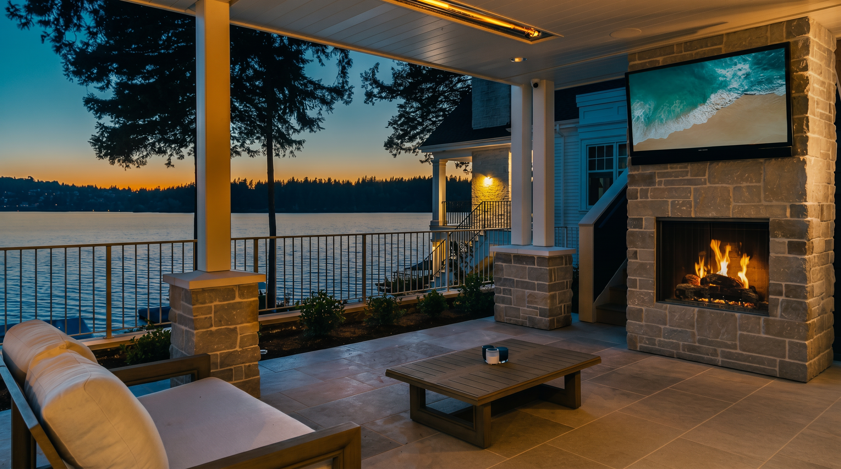 This covered outdoor living space offers a serene waterfront view at dusk, featuring a stone-clad chimney breast with an integrated fireplace and a mounted television. The area is furnished with comfortable lounge seating and a central coffee table, all set upon a stone-tiled floor. The perspective captures the transition from the cozy, sheltered patio to the expansive lake view beyond the metal railing.