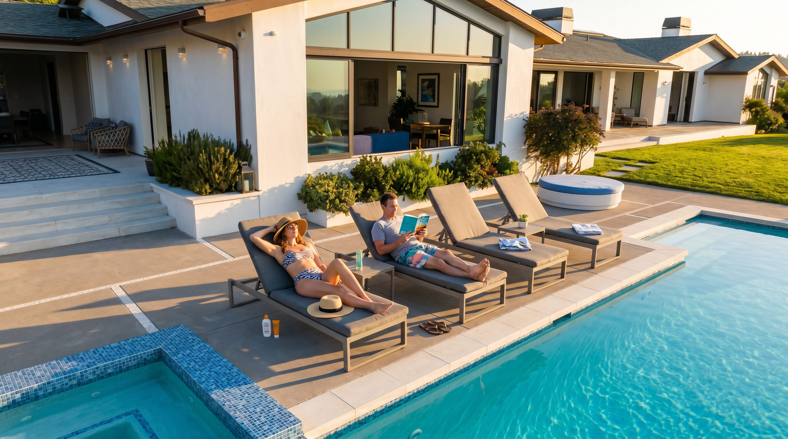 This high-angle aerial shot captures the expansive rear exterior of a modern, single-story residence featuring a white stucco facade and a neutral-toned roof. The property boasts a large, rectangular swimming pool and an integrated spa, surrounded by a spacious concrete patio furnished with lounge chairs and an outdoor dining set. The home is set against a backdrop of rolling hills and lush greenery, emphasizing a seamless indoor-outdoor living experience.