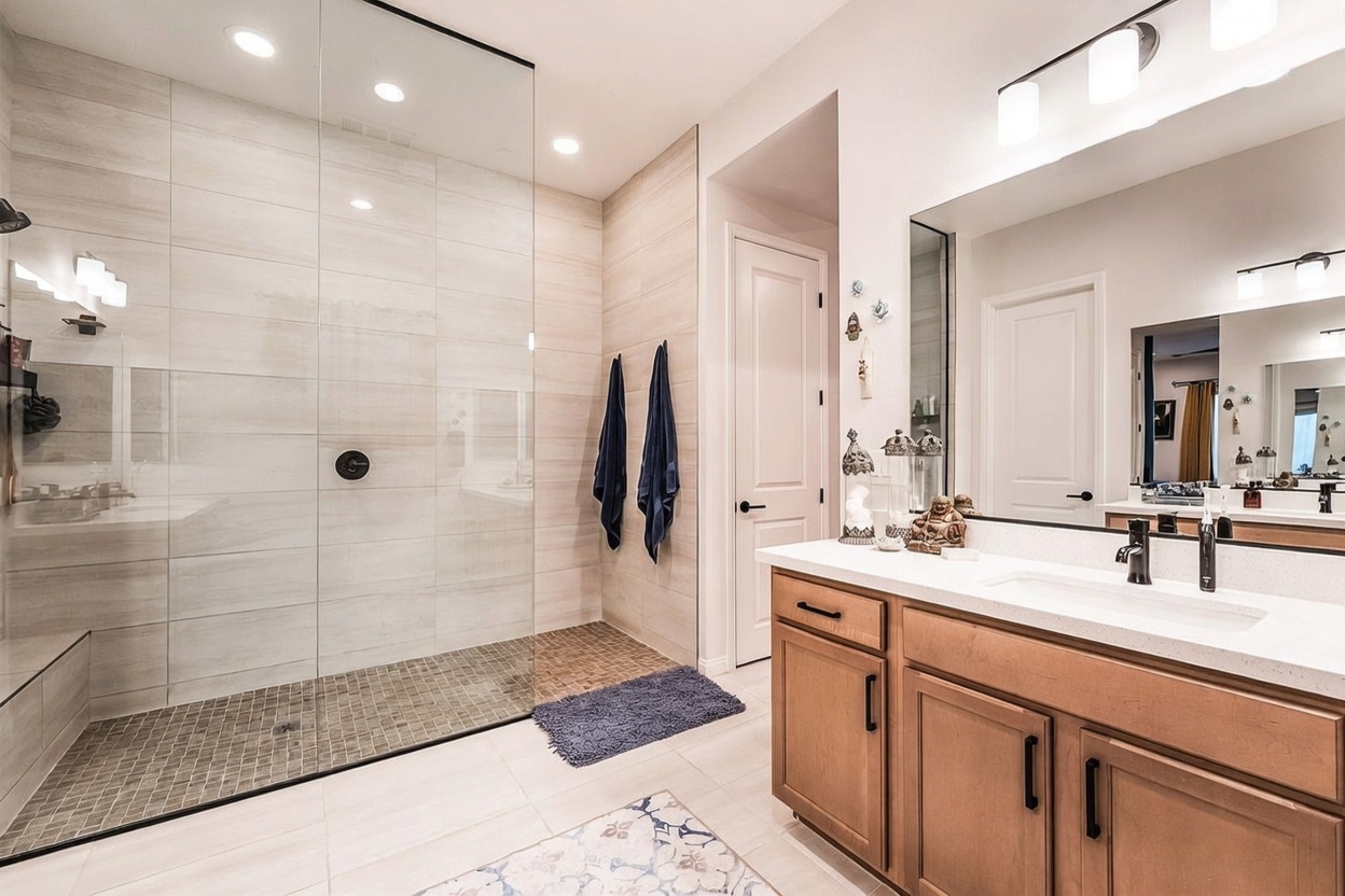 This primary bathroom features a spacious walk-in shower with a glass enclosure and light-toned, large-format wall tiles. A wooden vanity with a light-colored countertop and a large mirror provides a warm contrast to the neutral tile work. The room is well-lit with recessed lighting and a modern vanity light fixture, creating a clean and functional atmosphere.