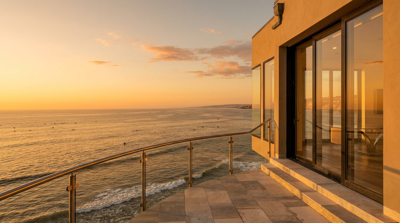 This stunning contemporary balcony offers an expansive, unobstructed panoramic view of the Pacific Ocean at sunset. Featuring sleek modern architecture with stainless steel and glass railings, the stone-tiled deck provides a luxurious outdoor living space that seamlessly connects to the interior via large sliding glass doors. The serene setting and sophisticated design create an ideal environment for high-end coastal living.