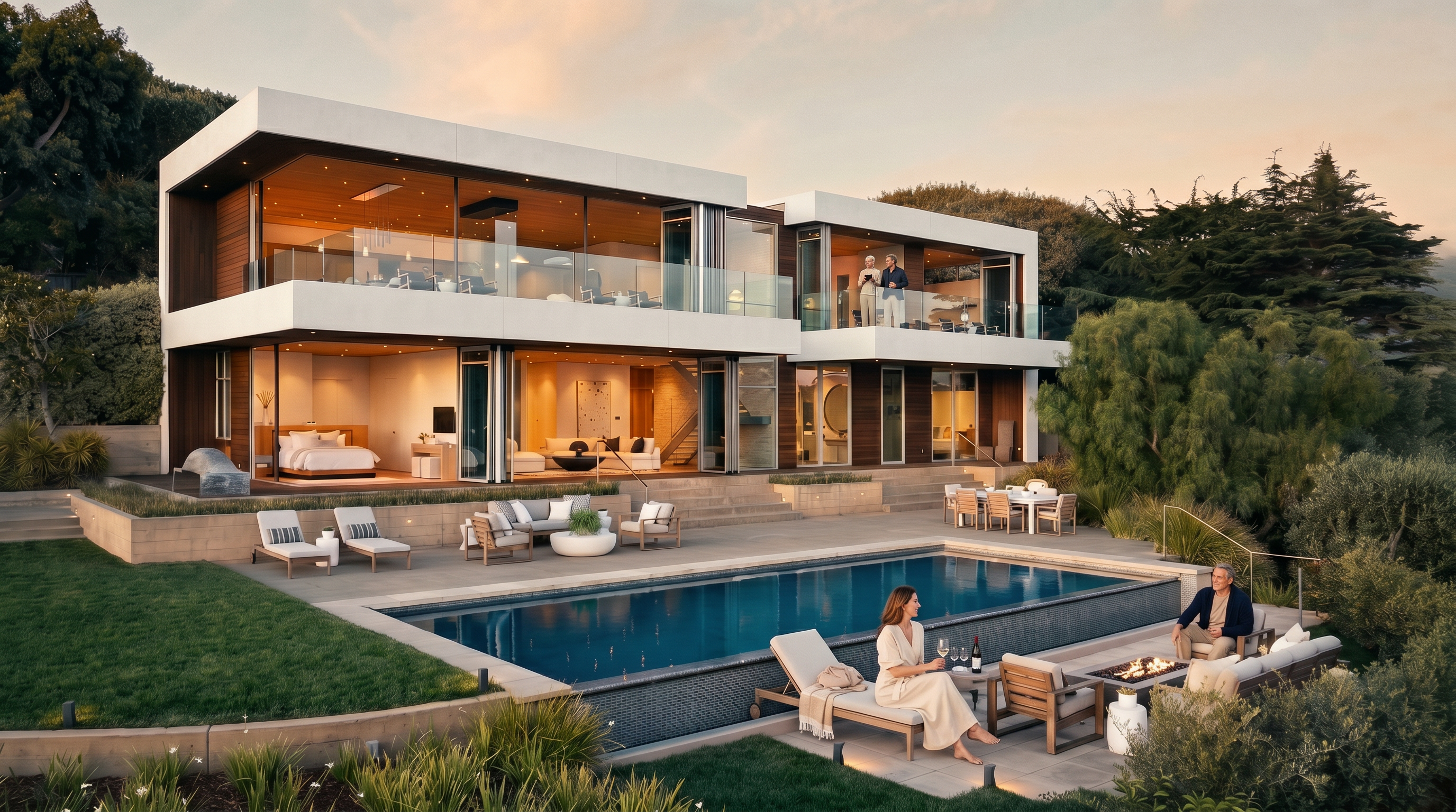 This contemporary two-story residence features a striking modern design with extensive use of glass, creating a seamless indoor-outdoor living experience. The rear elevation showcases a large swimming pool set within a stone patio, complemented by multiple outdoor seating areas and a dining space. The architecture is defined by clean horizontal lines, wood-paneled accents, and expansive glazing that provides a clear view into the bright, open-concept interior spaces.