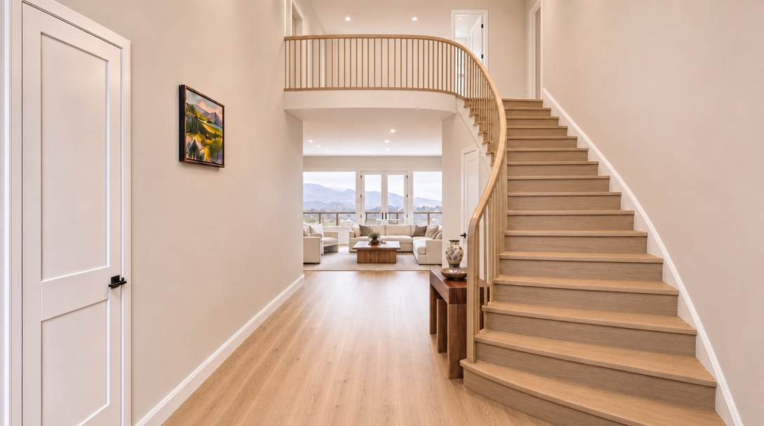 This spacious foyer features an elegant curved staircase with light-toned wooden treads and a simple, graceful balustrade. The open floor plan provides a clear line of sight through to the sunlit living area, creating a warm, inviting, and airy atmosphere. The neutral color palette and clean lines highlight the home's contemporary design and high-end craftsmanship.