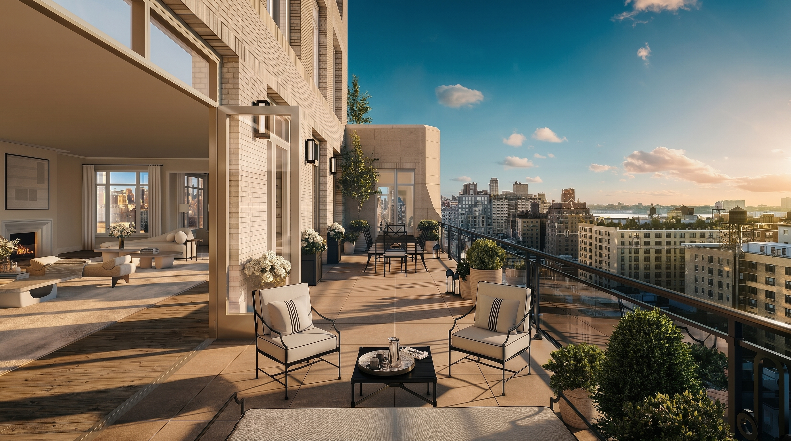 This expansive, high-rise terrace offers a sophisticated outdoor living space with panoramic city views and a glimpse of the river. The area is furnished with comfortable lounge seating, a dining set, and potted greenery, creating a seamless transition from the adjacent interior living room through large glass doors. The scene captures a serene, golden-hour atmosphere, highlighting the luxury lifestyle and prime urban location of the property.