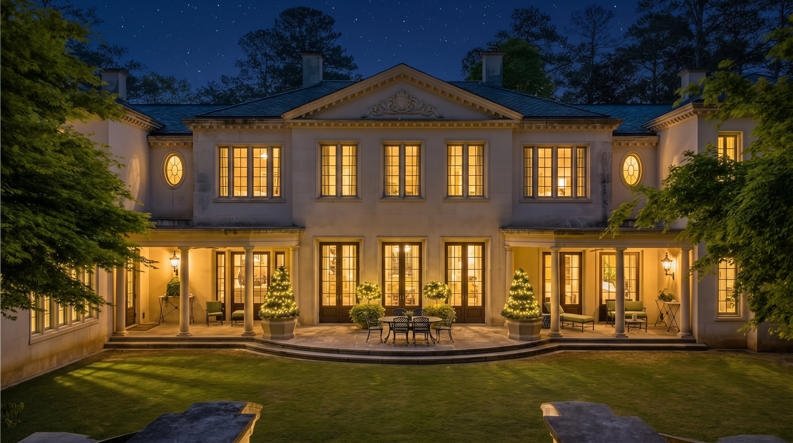 This grand, symmetrical estate features a classic neoclassical architectural style with a light-toned stone facade and a prominent central pediment. The rear elevation showcases a spacious stone terrace with outdoor seating, overlooking a manicured lawn framed by lush green trees. The design includes tall, multi-pane windows and elegant columns that define the covered porch areas, creating a sophisticated and stately atmosphere.