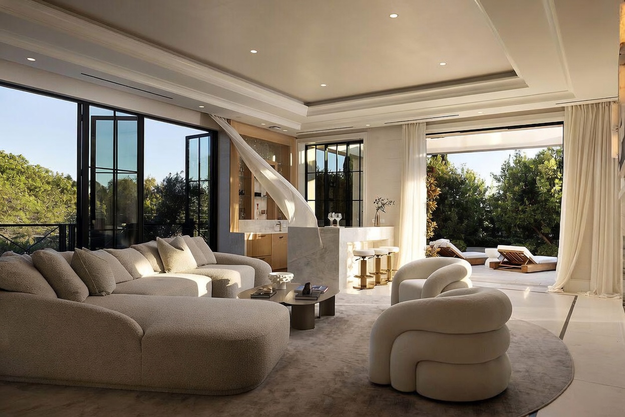 This sophisticated living room features a plush, curved sectional sofa and a sculptural armchair arranged on a large, neutral area rug. A central bar area with a unique, curved stone structure serves as a focal point, connecting the indoor space to an expansive outdoor patio through large glass doors. The room is bathed in natural light, creating an airy and luxurious atmosphere that seamlessly blends indoor comfort with outdoor living.