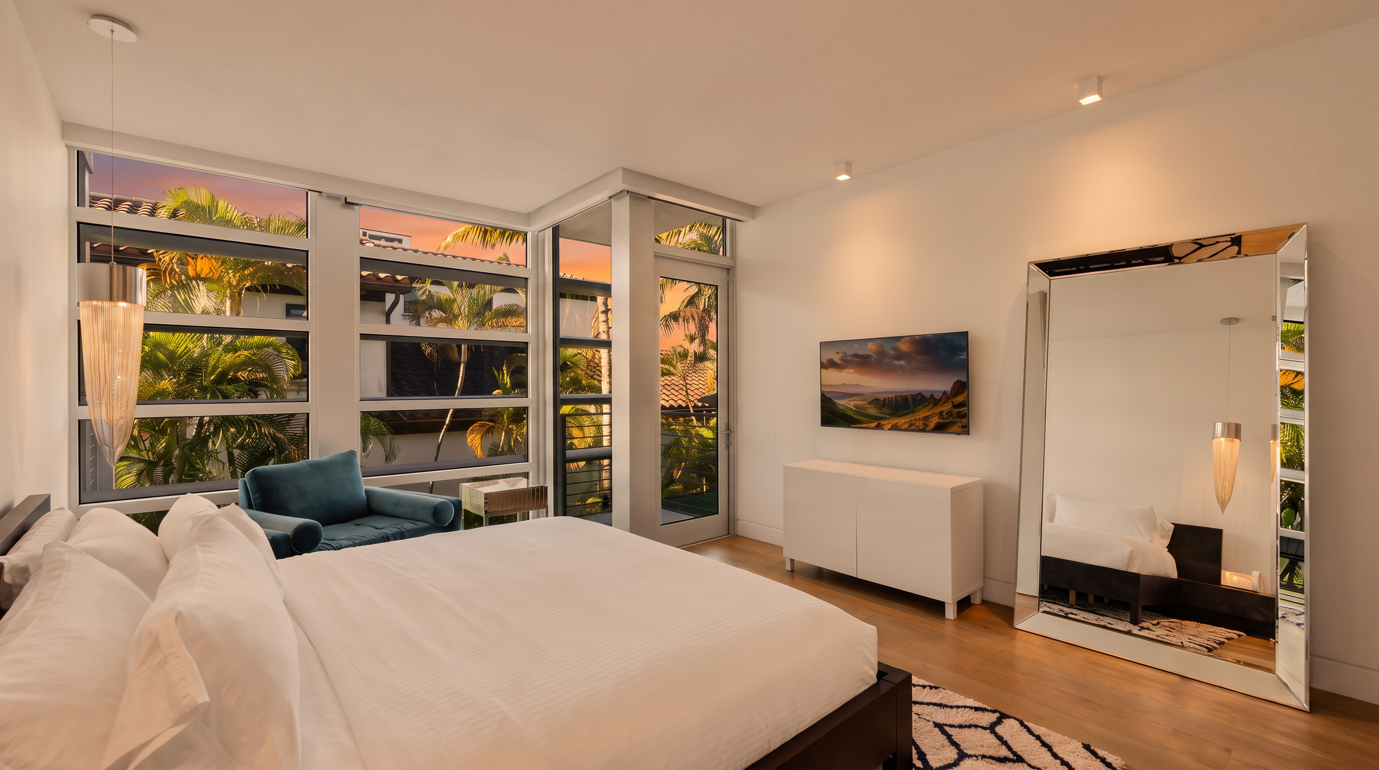 This bright and airy primary bedroom features a large bed with crisp white linens, positioned near a corner of expansive windows that offer views of lush tropical greenery. A sleek white media console sits below a wall-mounted television, while a large, full-length mirror with a reflective frame adds depth to the room. The space is finished with light wood flooring and a patterned area rug, creating a clean, modern, and tranquil atmosphere.