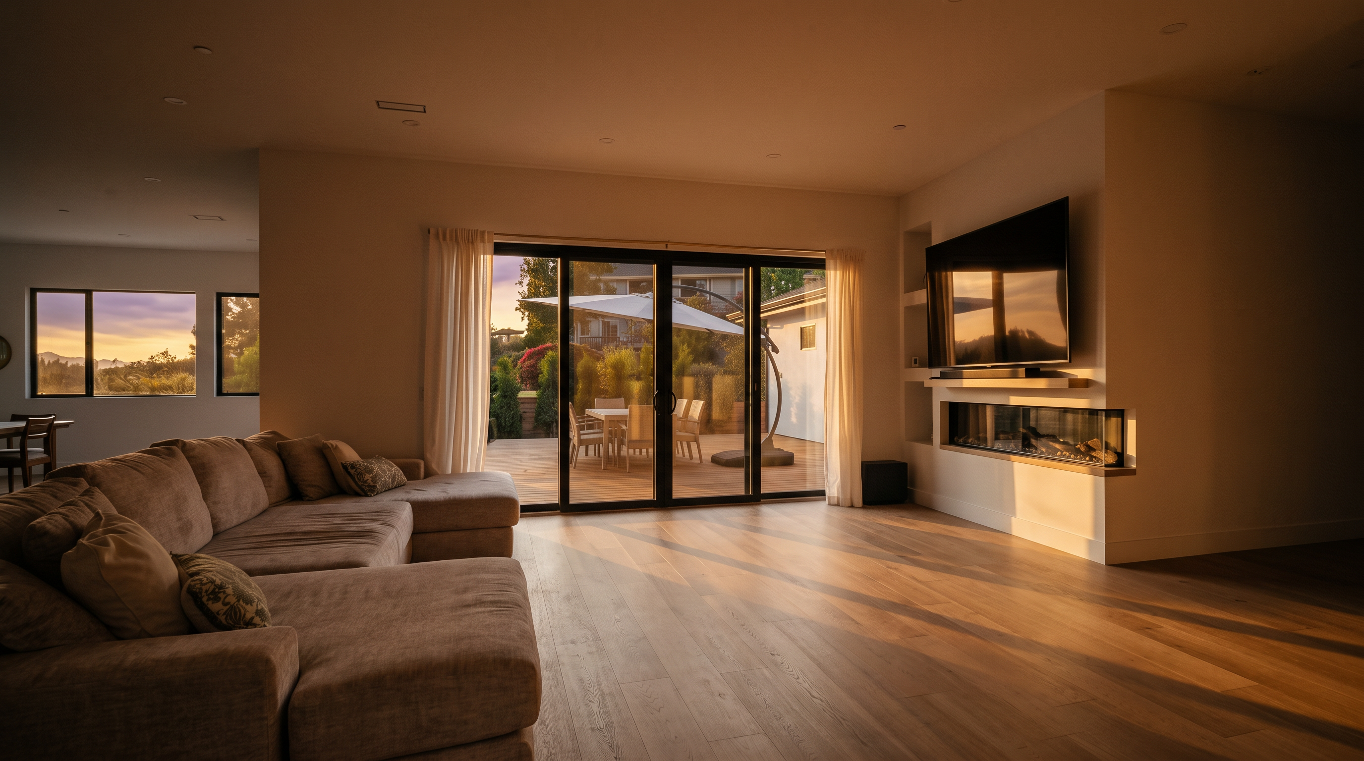 This bright and airy living room features light wood flooring and a neutral color palette, creating a clean, modern aesthetic. A large, plush sectional sofa occupies the foreground, while a wall-mounted television sits above a linear fireplace with a built-in shelving unit to the side. Large sliding glass doors provide a seamless transition to an outdoor deck, filling the space with natural light.