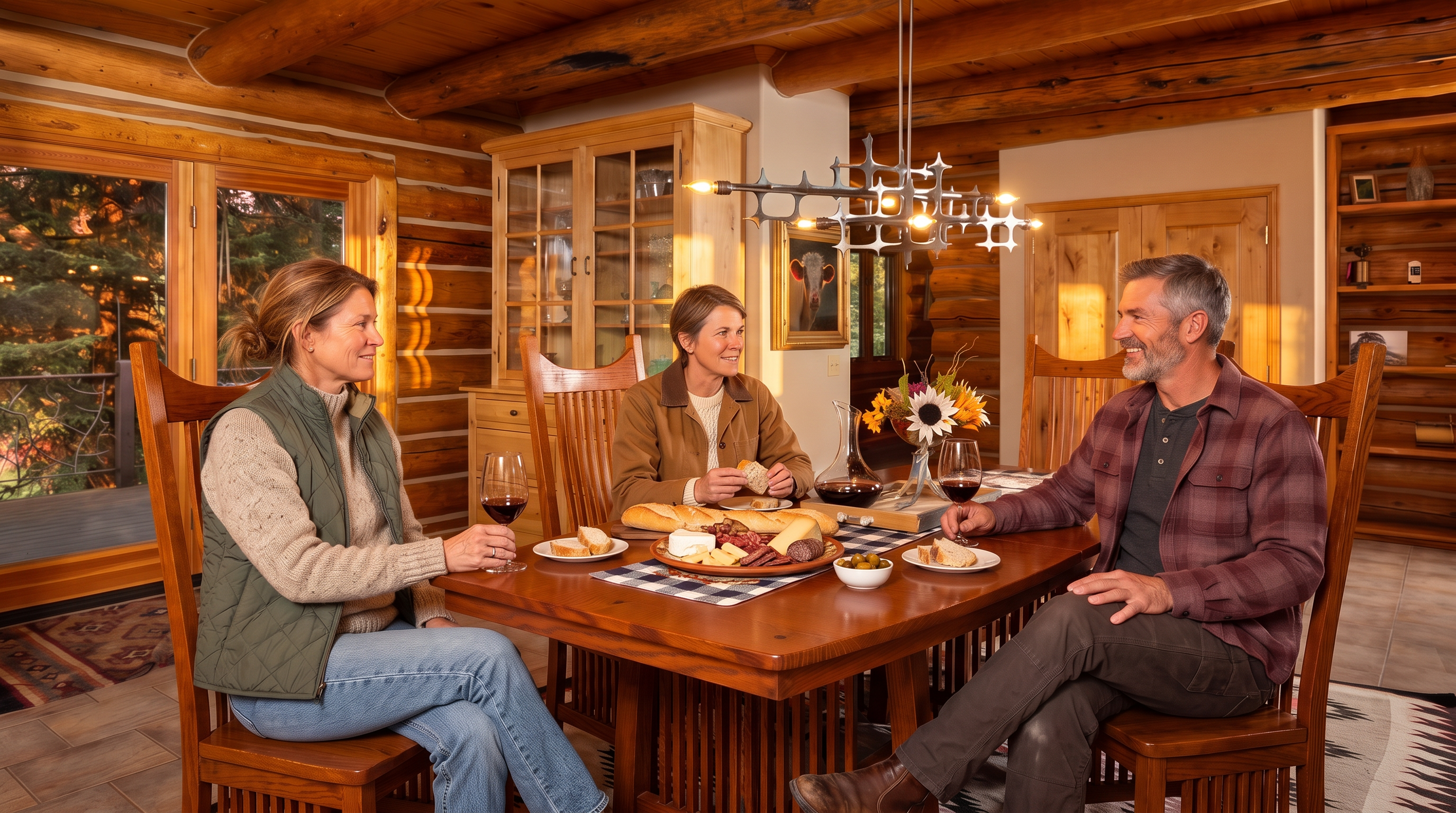 This rustic dining room features exposed log walls and a beamed ceiling, creating a warm and inviting cabin atmosphere. A wooden dining table with matching chairs sits beneath a distinctive modern metal chandelier, while a large hutch provides storage and display space. Large glass doors open to a deck, allowing natural light to fill the room and offering a view of the surrounding trees.