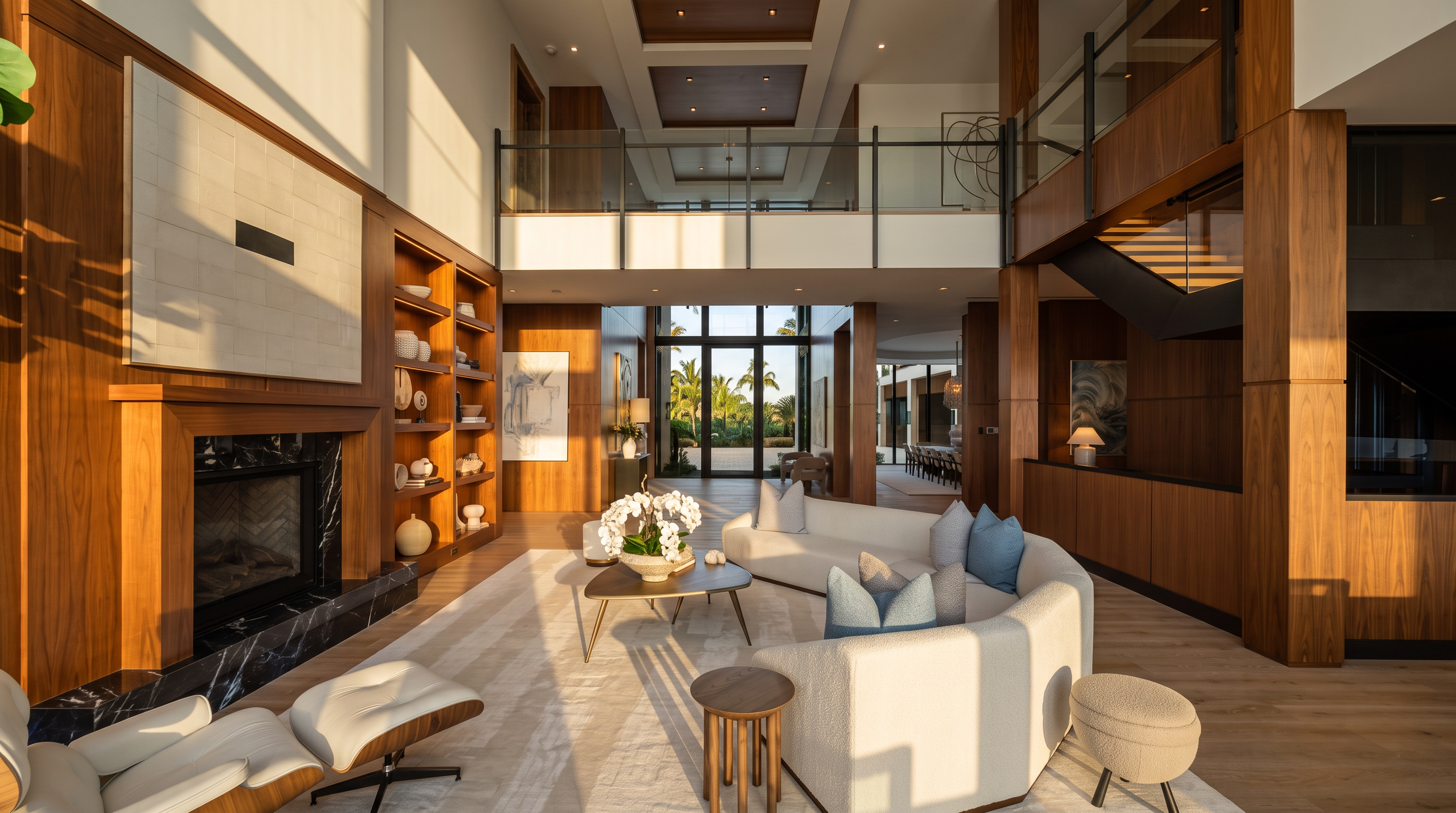 This expansive, double-height living room features a sophisticated design with warm wood paneling and a prominent fireplace with a dark stone surround. A curved, light-colored sofa anchors the seating area, complemented by a modern coffee table and a lounge chair, all set upon a large area rug. The space is open and airy, with a mezzanine level overlooking the room and a clear line of sight through to the rear glass doors, creating a seamless transition between indoor and outdoor living.