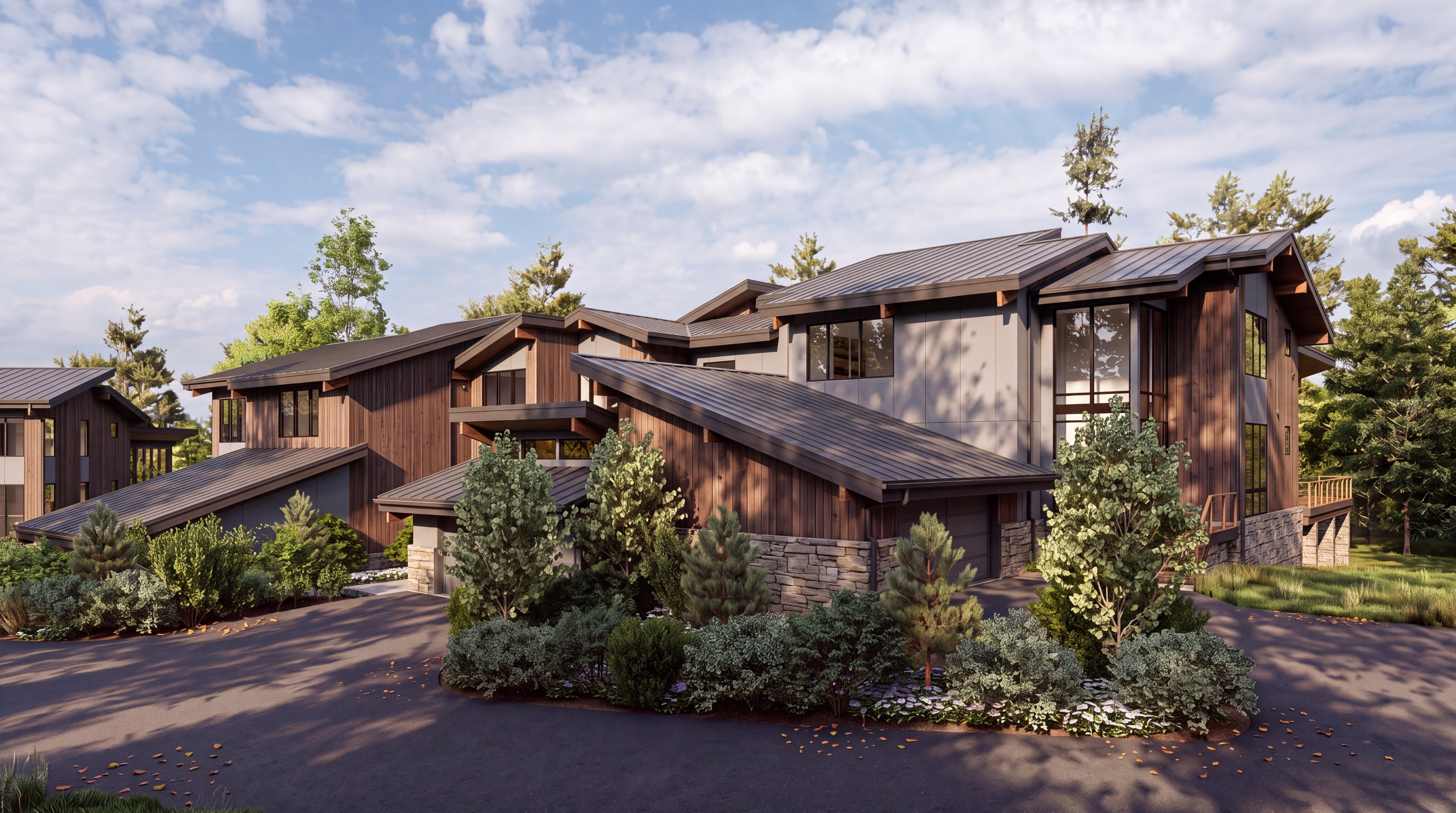 This architectural rendering showcases a modern, multi-level mountain home featuring a blend of dark wood siding, grey panels, and stone accents. The structure is defined by its complex, multi-pitched roofline and large windows that create a sophisticated, contemporary aesthetic. The perspective is a wide-angle exterior shot from the driveway, highlighting the home's integration with the surrounding wooded landscape.