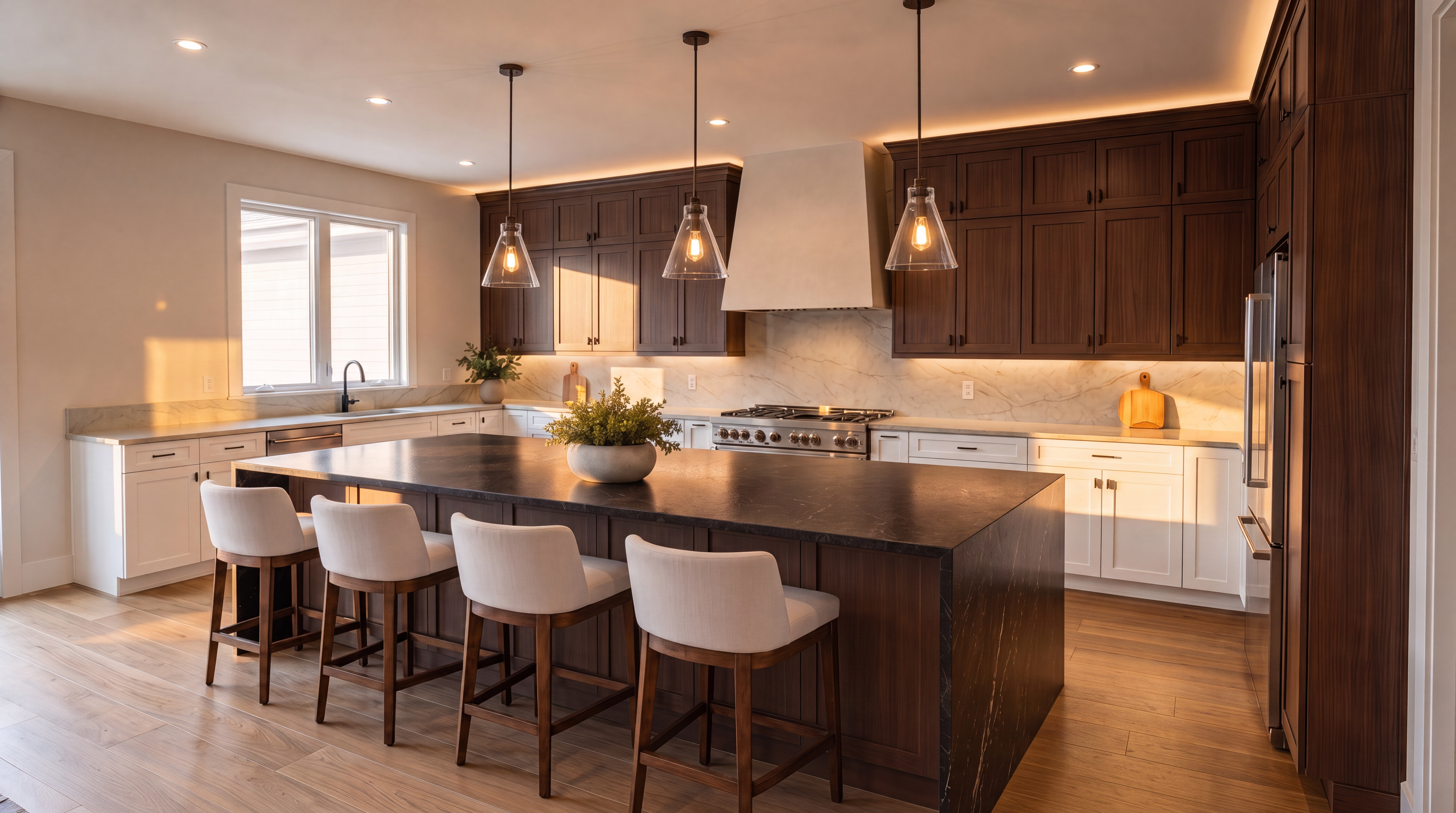 This stunning contemporary kitchen features a contrasting color palette of rich dark wood cabinets and crisp white lower cabinetry, tied together by a large oversized island with a dark stone countertop. The space is anchored by high-end stainless steel appliances, modern pendant lighting, and elegant marble backsplash accents. Warm, natural light floods the room, creating an inviting and luxurious atmosphere ideal for both cooking and entertaining.