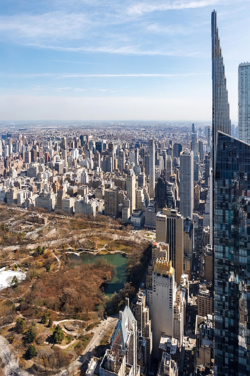 This high-altitude aerial perspective captures a sweeping view of a dense urban skyline, prominently featuring a sleek, modern skyscraper in the foreground. Below, a large, sprawling public park with a central pond provides a stark contrast to the surrounding grid of high-rise buildings and city streets. The composition emphasizes the scale and prestige of the location, showcasing the dramatic architectural contrast between the glass-clad tower and the sprawling green space.