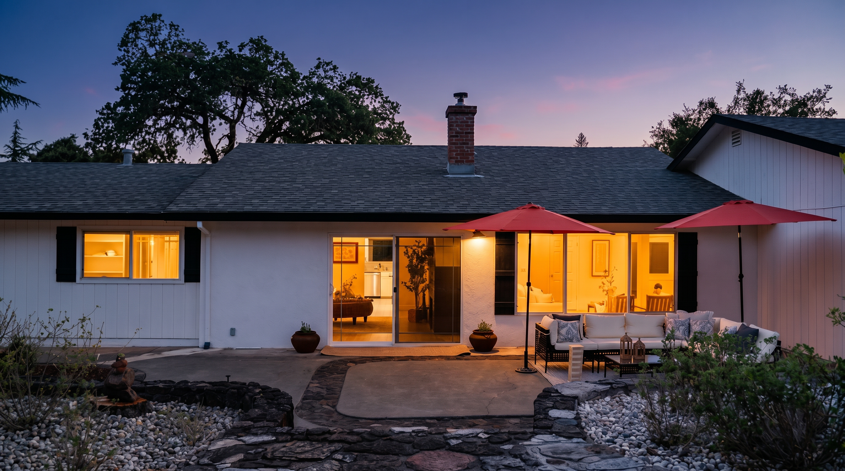 This rear view of a single-story home showcases a white-painted exterior with a central brick chimney and a spacious concrete patio. The outdoor living area is furnished with a comfortable sofa set and two large red umbrellas, creating an inviting space for relaxation. The scene is captured at dusk, with warm interior lighting glowing through the windows and sliding glass doors, highlighting the home's welcoming atmosphere.