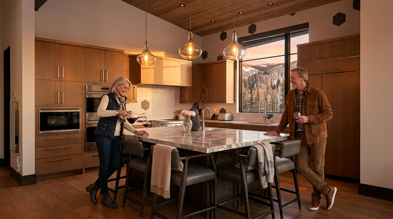 This modern kitchen features a large central island with a stone countertop and seating for four, set against a backdrop of warm-toned wood cabinetry and a vaulted wood-paneled ceiling. The space is illuminated by three glass pendant lights and includes high-end stainless steel appliances, including a built-in oven and microwave. A large window above the sink provides natural light and a view of the outdoors, while a geometric tile backsplash adds a contemporary touch to the design.
