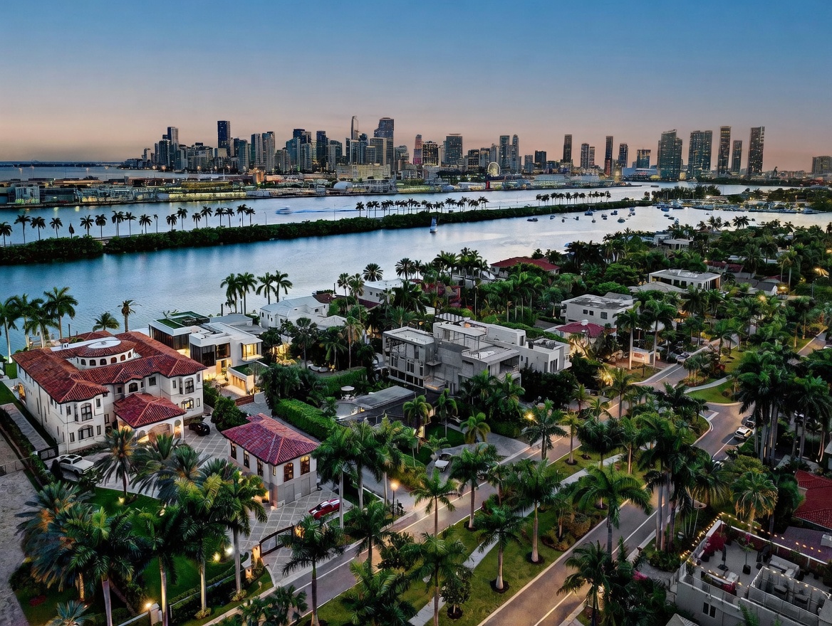 This stunning aerial view captures a luxurious waterfront residential neighborhood at dusk, featuring grand estates with red-tiled roofs and lush tropical landscaping. The perspective overlooks a serene waterway that separates the quiet residential enclave from the vibrant, illuminated skyline of a major city in the distance. The scene conveys an atmosphere of exclusivity, tranquility, and high-end coastal living.