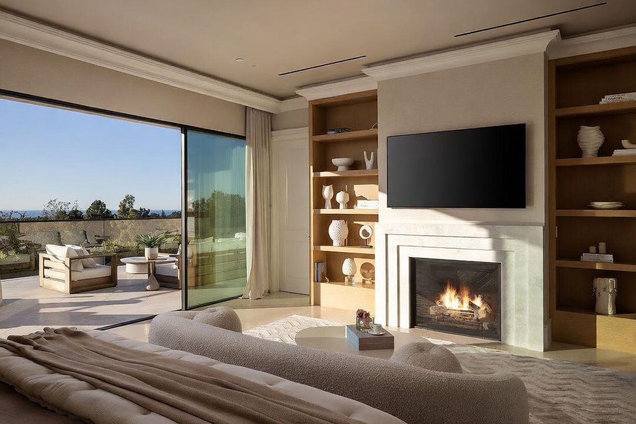 This sophisticated primary bedroom features a neutral color palette and a seamless transition to an outdoor terrace through large sliding glass doors. The room is anchored by a cozy, curved sofa in the foreground and a central fireplace with a tall stone surround, flanked by custom light wood shelving. The space exudes a serene, high-end atmosphere with a clear view of the horizon beyond the patio.