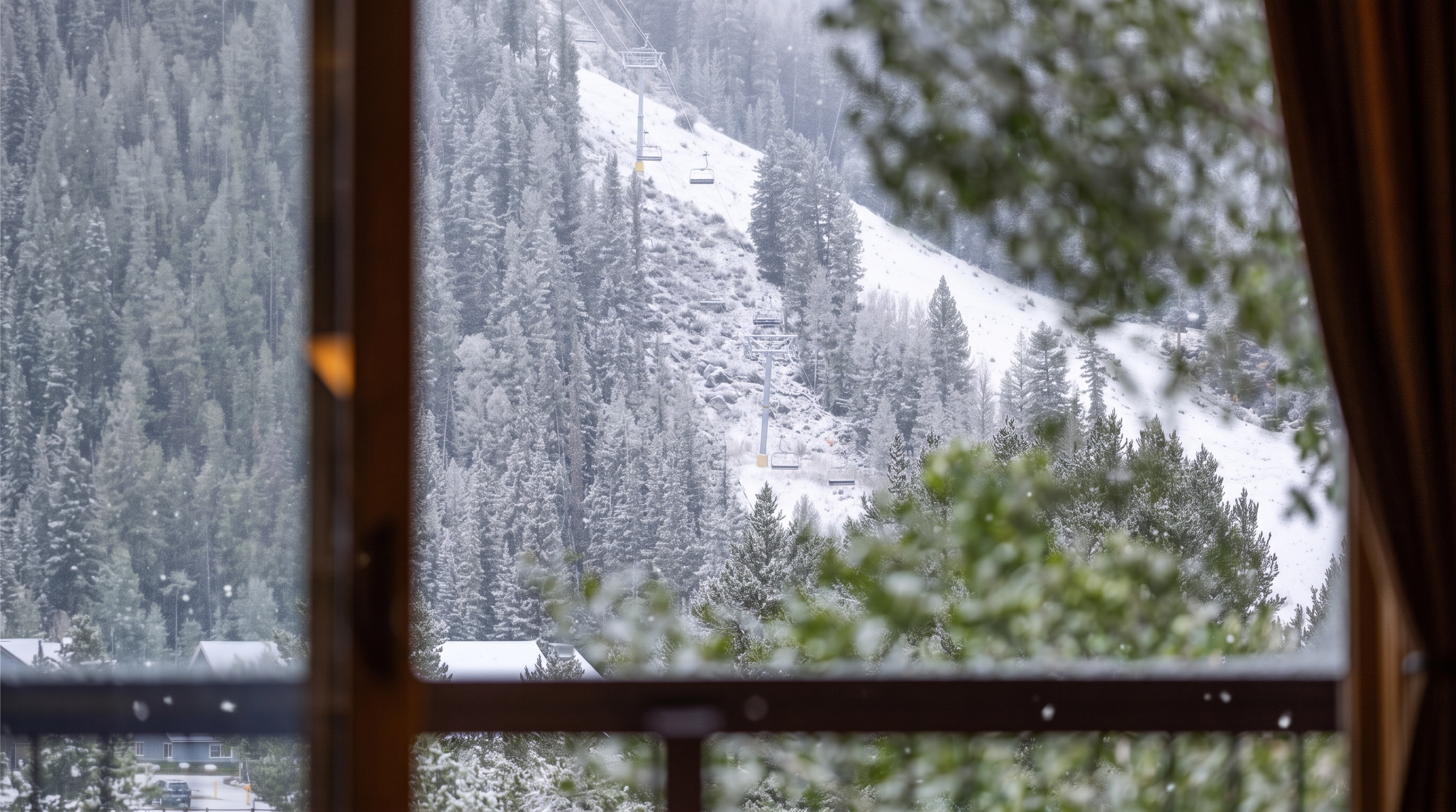 This image is taken from inside, looking out through a large window or glass door that serves as a frame for a scenic mountain view. The focus is on a snowy, forested landscape featuring a ski lift climbing the slope, providing a serene and desirable 'ski-in/ski-out' aesthetic. The composition highlights the integration of indoor comfort with natural, seasonal surroundings, ideal for a mountain retreat property.
