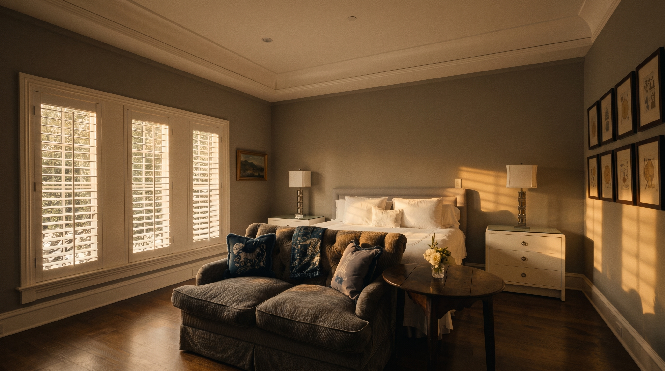 This primary bedroom features a sophisticated gray color palette, dark hardwood flooring, and a tray ceiling with recessed lighting. A plush gray loveseat sits at the foot of the bed, accompanied by a round wooden side table, while white nightstands with matching lamps flank the bed. Large windows with white plantation shutters allow natural light to fill the room, which is accented by a gallery wall of framed artwork.