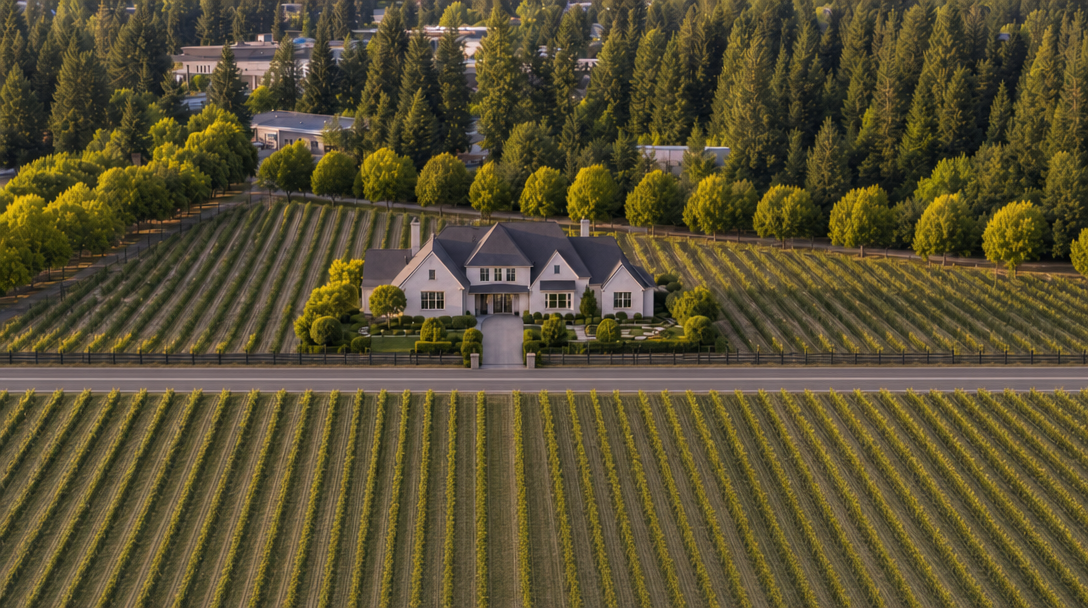 This stunning aerial view captures a sophisticated white brick residence nestled within an expansive, manicured vineyard. The property is characterized by its balanced architectural symmetry, lush landscaping, and a surrounding forest, offering a tranquil and luxurious retreat. The orderly rows of grapevines create an impressive sense of scale and exclusivity, highlighting a premier estate in a picturesque rural setting.