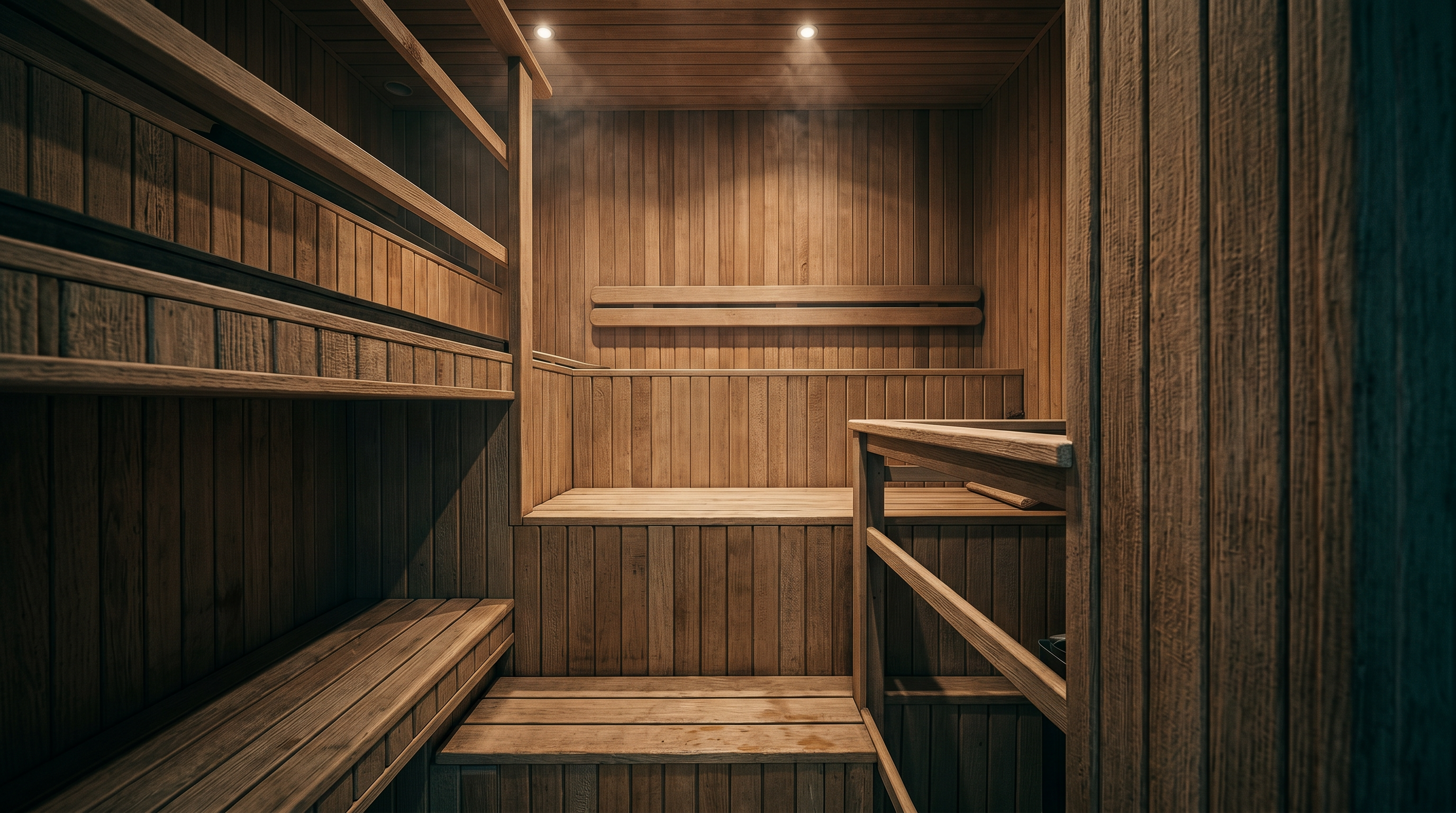 This image showcases a compact, custom-built wooden sauna featuring tiered bench seating and light-toned wood paneling throughout. The space is illuminated by recessed ceiling lights, creating a warm and inviting atmosphere, while a wooden railing provides safety along the steps. The perspective is a straight-on, eye-level shot looking into the sauna, emphasizing its clean, minimalist design and high-quality craftsmanship.