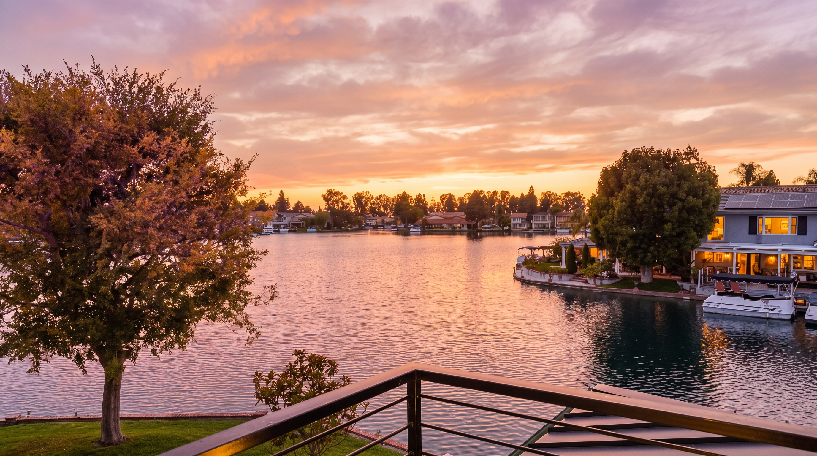 This image features a scenic view from an elevated balcony overlooking a calm, private lake surrounded by residential homes. The foreground includes a modern black metal railing and a lush green lawn, while the background captures a peaceful waterfront neighborhood with trees and clear skies. It is an ideal setting for outdoor relaxation and provides an appealing sense of privacy and tranquility for potential homeowners.