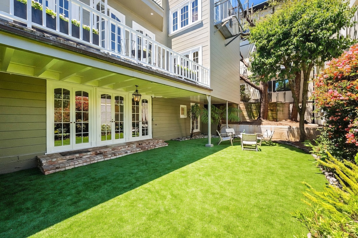 This rear exterior view showcases a multi-level home with a spacious, manicured artificial turf lawn and a brick-bordered patio area. The ground level features multiple sets of French doors leading into the home, while a large upper-level balcony with white railings provides additional outdoor living space. The yard is framed by mature trees and a tiered retaining wall, creating a private and inviting atmosphere for outdoor relaxation.