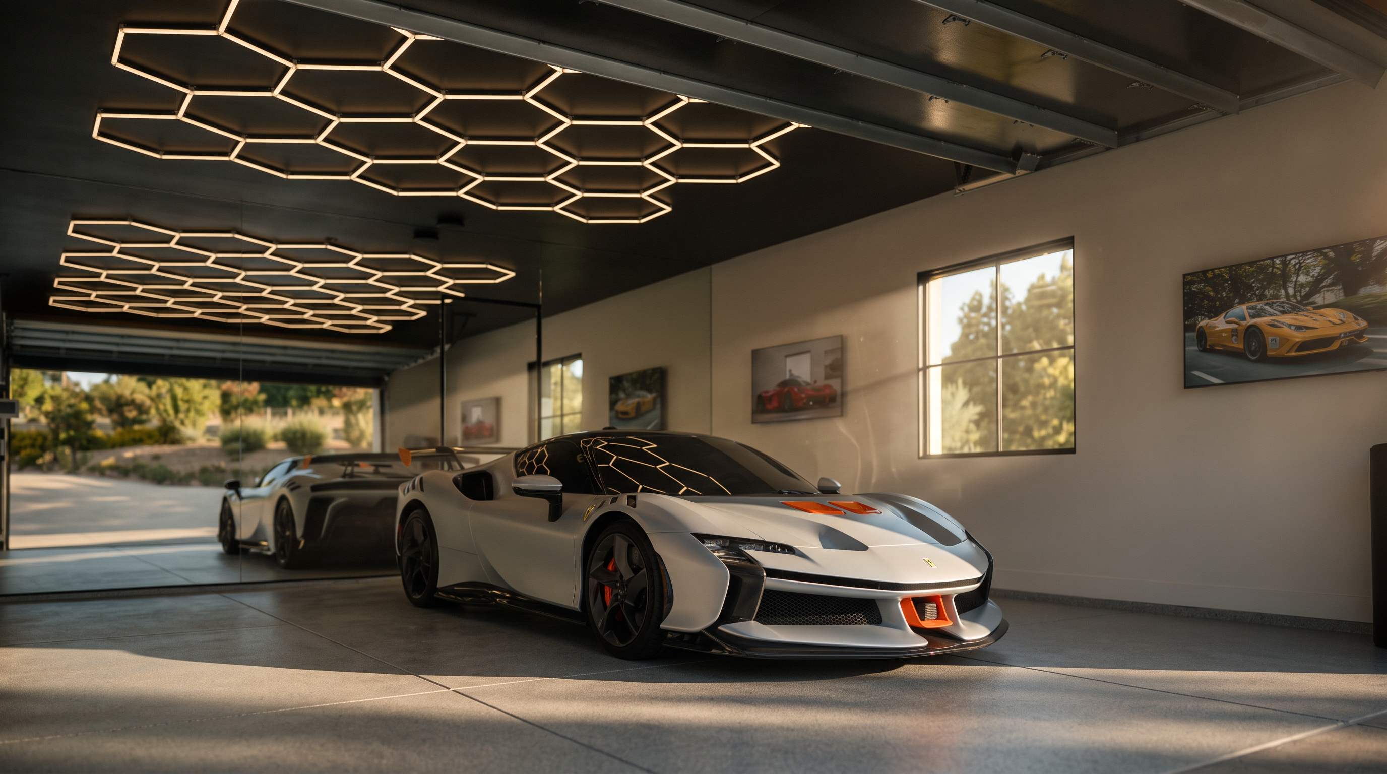 This high-end, modern garage features a sleek white sports car as the centerpiece, set against a backdrop of polished concrete flooring and a dark ceiling adorned with geometric, hexagonal LED lighting. The space includes a mirrored wall that reflects the vehicle, creating a sense of depth, while framed automotive artwork decorates the side wall. Large windows provide a view of the lush greenery outside, and the open garage door reveals a bright, sunny exterior, emphasizing the premium, showroom-like quality of the space.