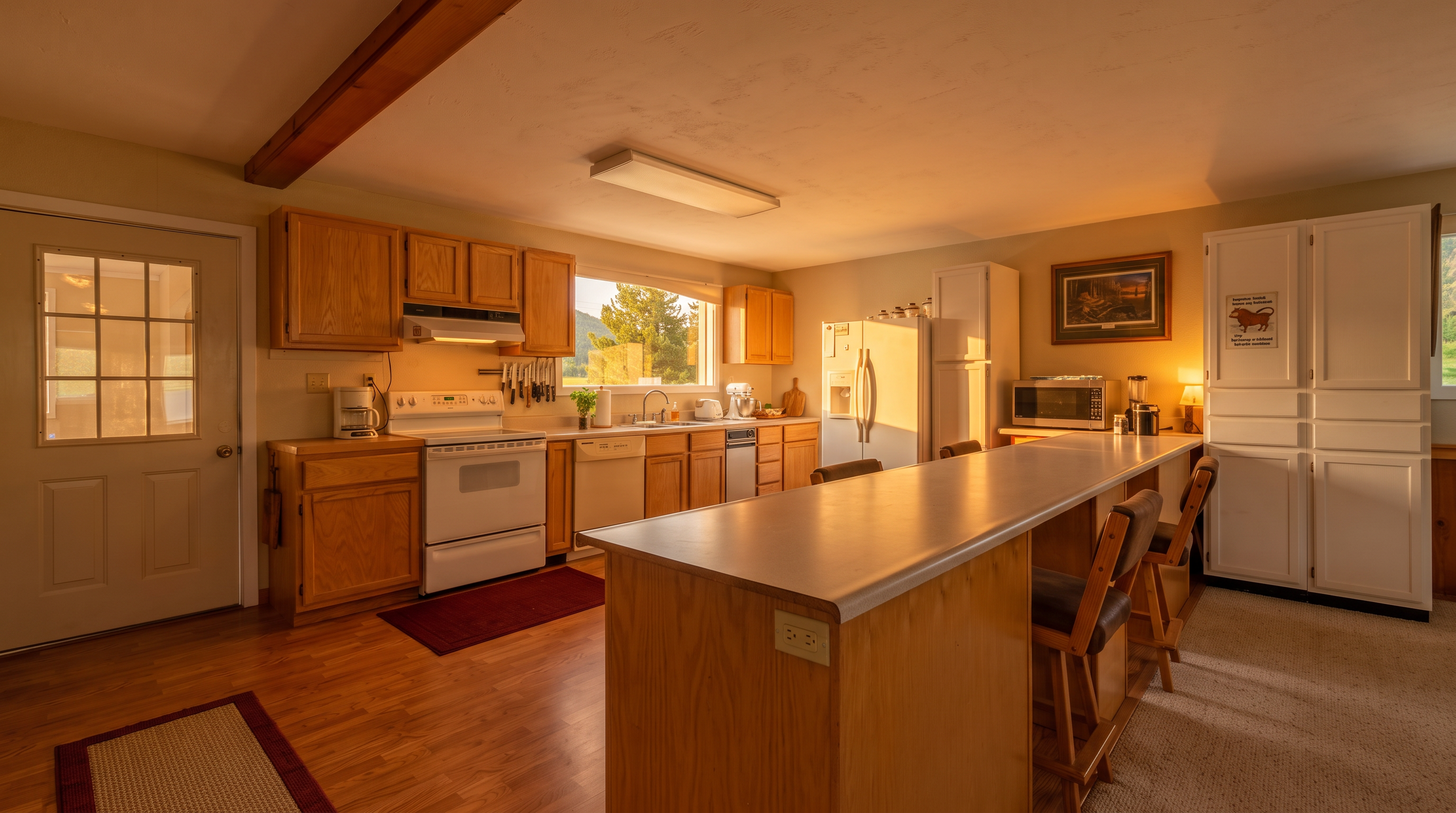 This kitchen features light wood cabinetry, a white stove, and a central island with bar seating, creating a functional and open layout. A large window above the sink provides natural light and a view of the outdoors, while a wooden ceiling beam adds a rustic touch to the space. The room transitions from a hardwood floor area in the kitchen to a carpeted dining or living space, offering a comfortable and practical design.