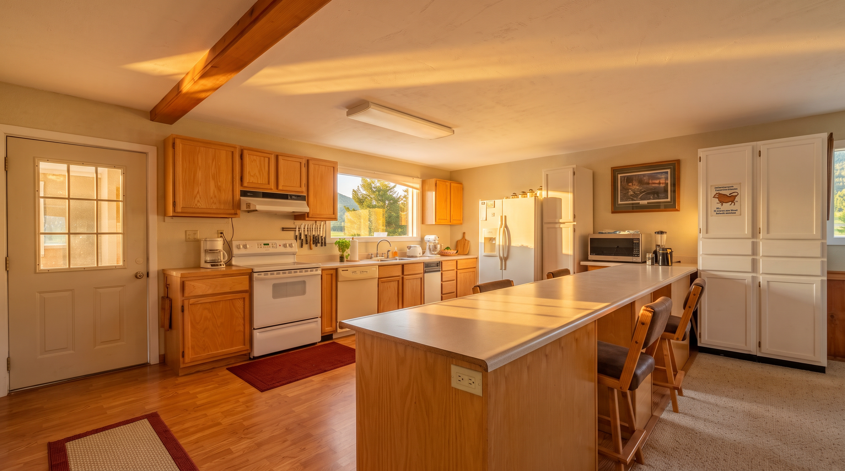 This warm and inviting kitchen features natural wood cabinetry, a functional layout with a spacious island, and white appliances. Bathed in the soft glow of sunset light, the space offers practical amenities including a built-in microwave, double-basin sink, and ample counter space. A casual breakfast bar with stools and a nearby exterior entry door add to the homey, accessible appeal of this kitchen area.