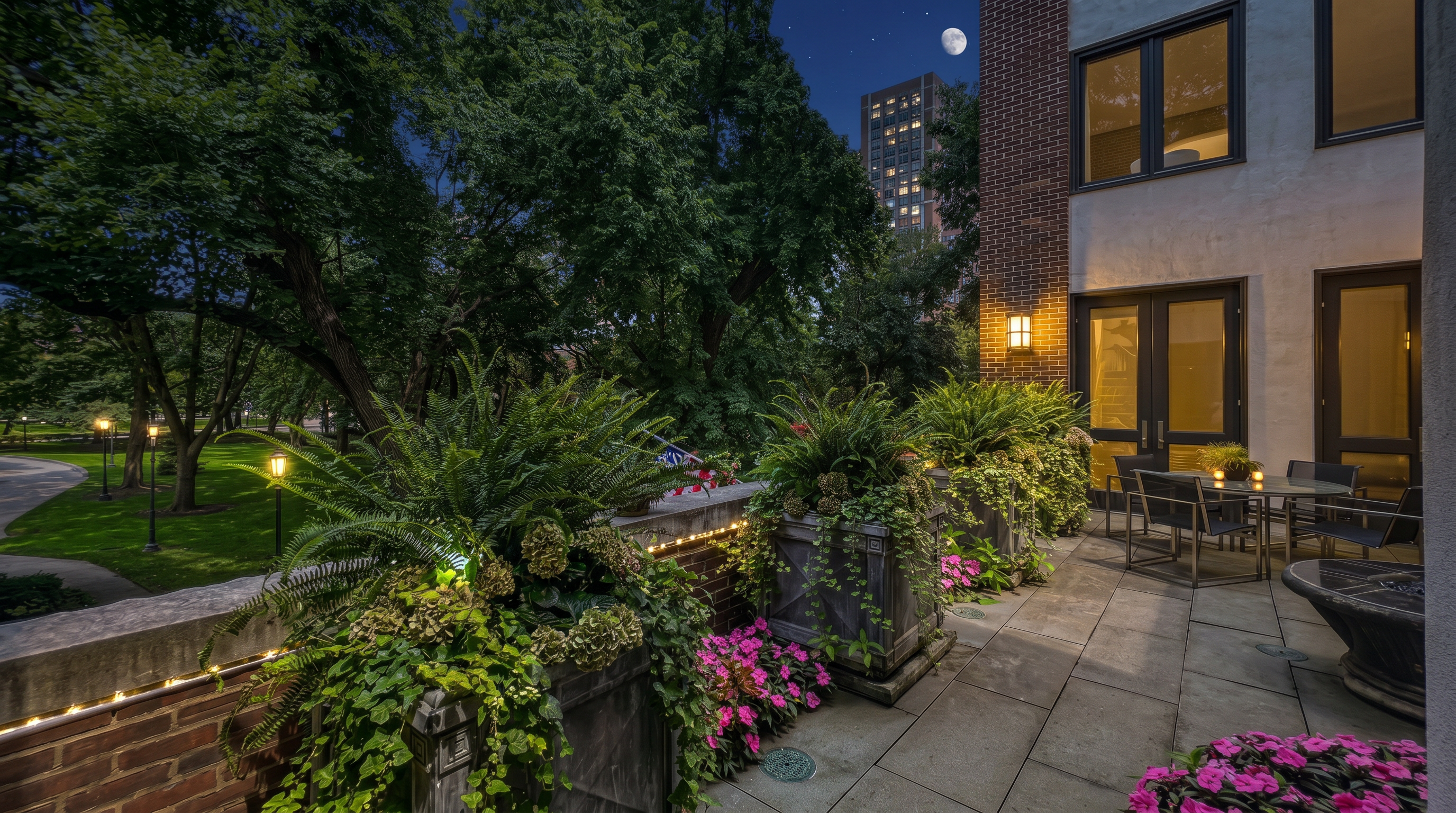 This inviting outdoor patio features stone tile flooring and is bordered by a brick wall topped with lush, oversized planters filled with ferns and vibrant pink flowers. A dining set sits near the building's exterior, which showcases a mix of brick and light-colored stucco walls with dark-framed doors and windows. The space offers a serene view of a neighboring park with mature trees, creating a peaceful and private atmosphere.