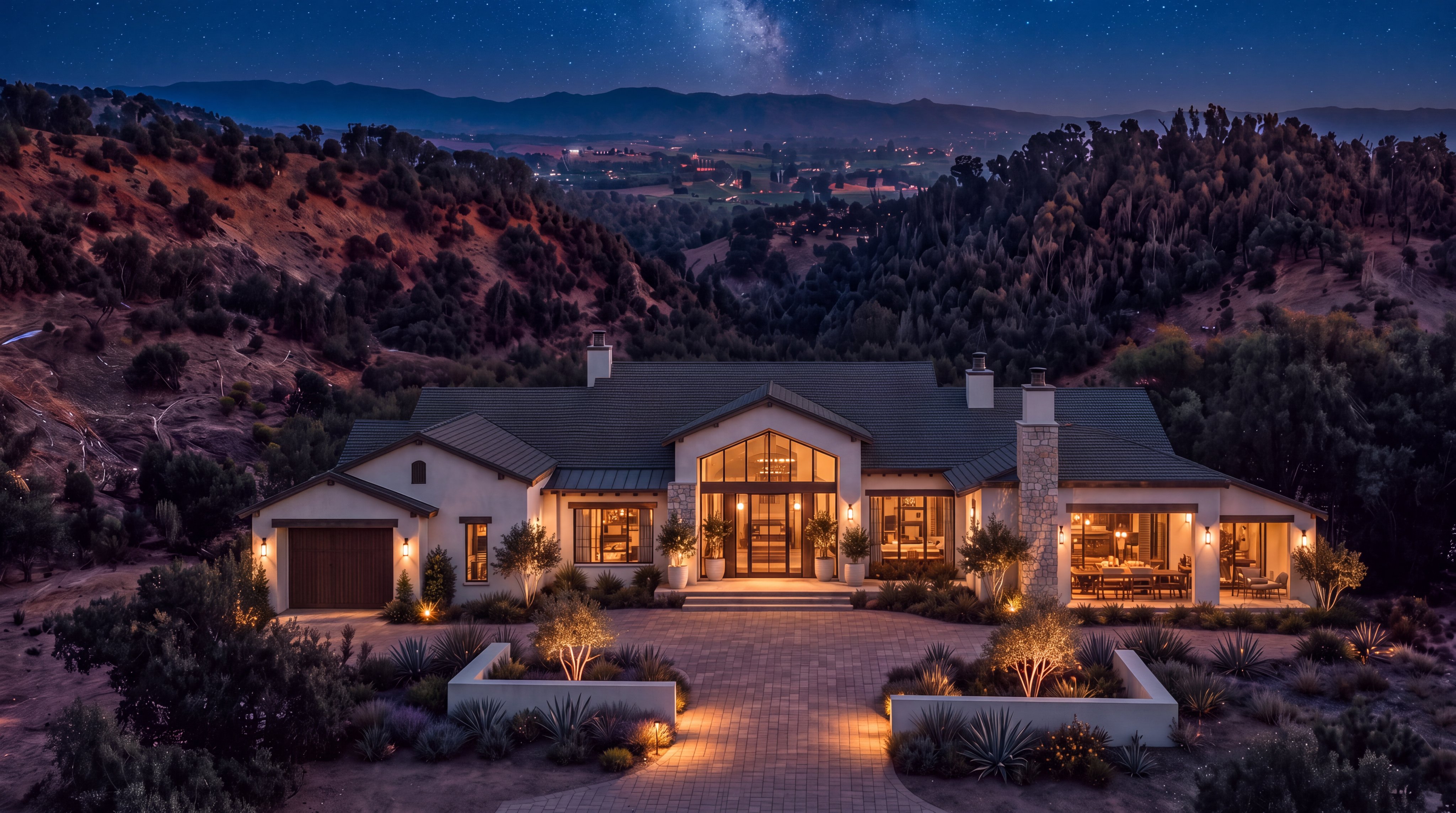 This stunning Mediterranean-style residence is nestled in a serene, elevated landscape with panoramic mountain views. The home features a symmetrical design with elegant stonework, a paved motor court, and large glass windows that offer a warm, inviting glow at sunset. Its sophisticated architecture and beautifully integrated desert landscaping create a sense of tranquil, high-end luxury.