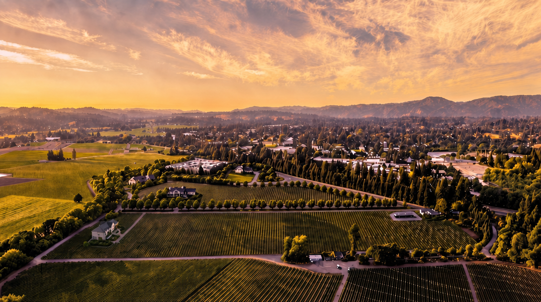 This stunning aerial view captures a sprawling vineyard estate set against a picturesque mountainous backdrop during a vibrant sunset. The landscape features meticulously maintained rows of grapevines, interspersed with charming residential structures and lush, dense rows of cypress-like trees. The golden hour lighting creates a warm, inviting atmosphere that emphasizes the expansive, serene nature of this rural property.