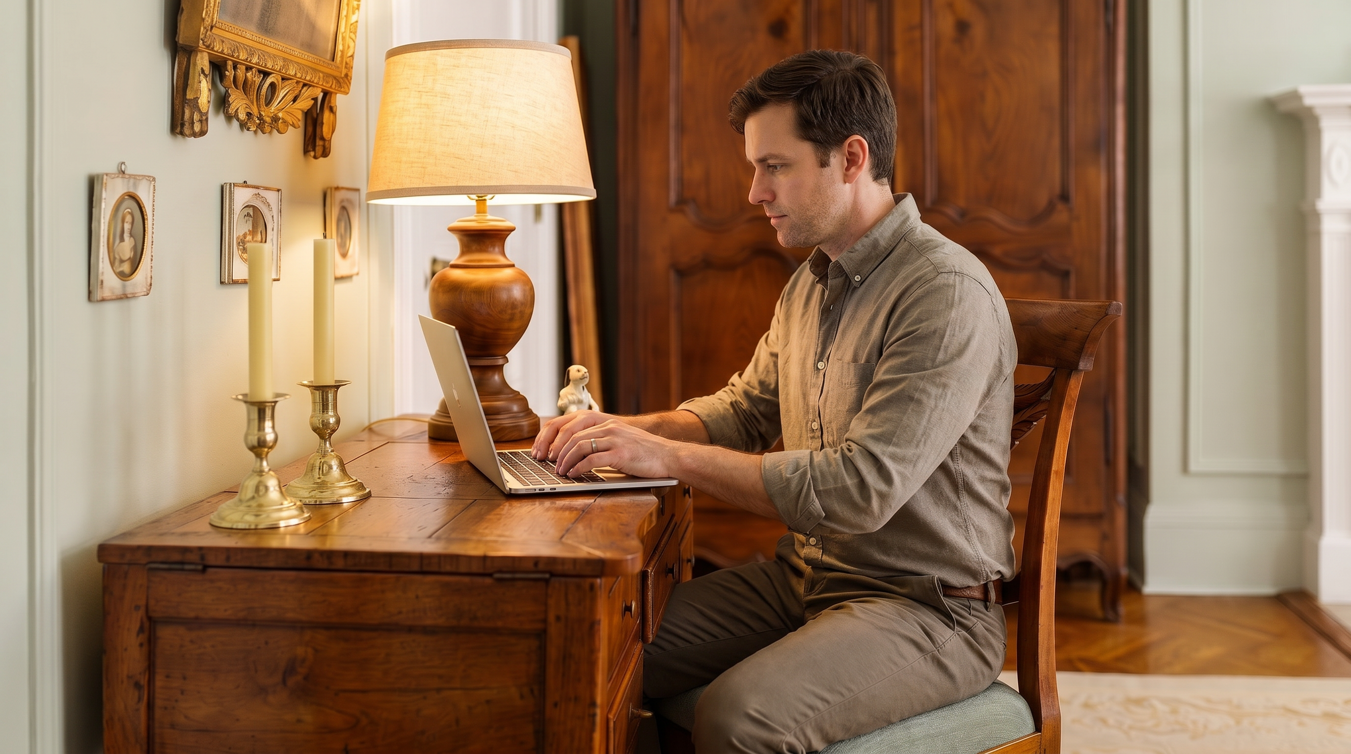 This elegant study features a classic wooden desk and a matching chair set against soft sage-green walls with traditional molding. A large, ornate wooden armoire serves as a focal point, complemented by a gold-framed mirror and a fireplace with a mantelpiece. The room is finished with rich herringbone hardwood floors and a decorative area rug, creating a sophisticated and timeless atmosphere.