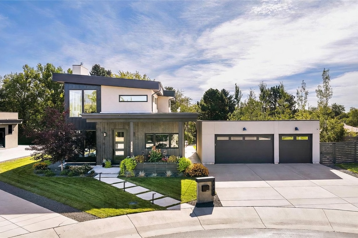 This modern, two-story residence features a striking architectural design with a mix of light-colored stucco and dark wood-toned siding. The front facade includes large windows, a covered entryway with a stone-paved walkway, and a spacious attached three-car garage. The property is complemented by a manicured lawn, vibrant landscaping, and a clear blue sky, creating a sophisticated and inviting curb appeal.