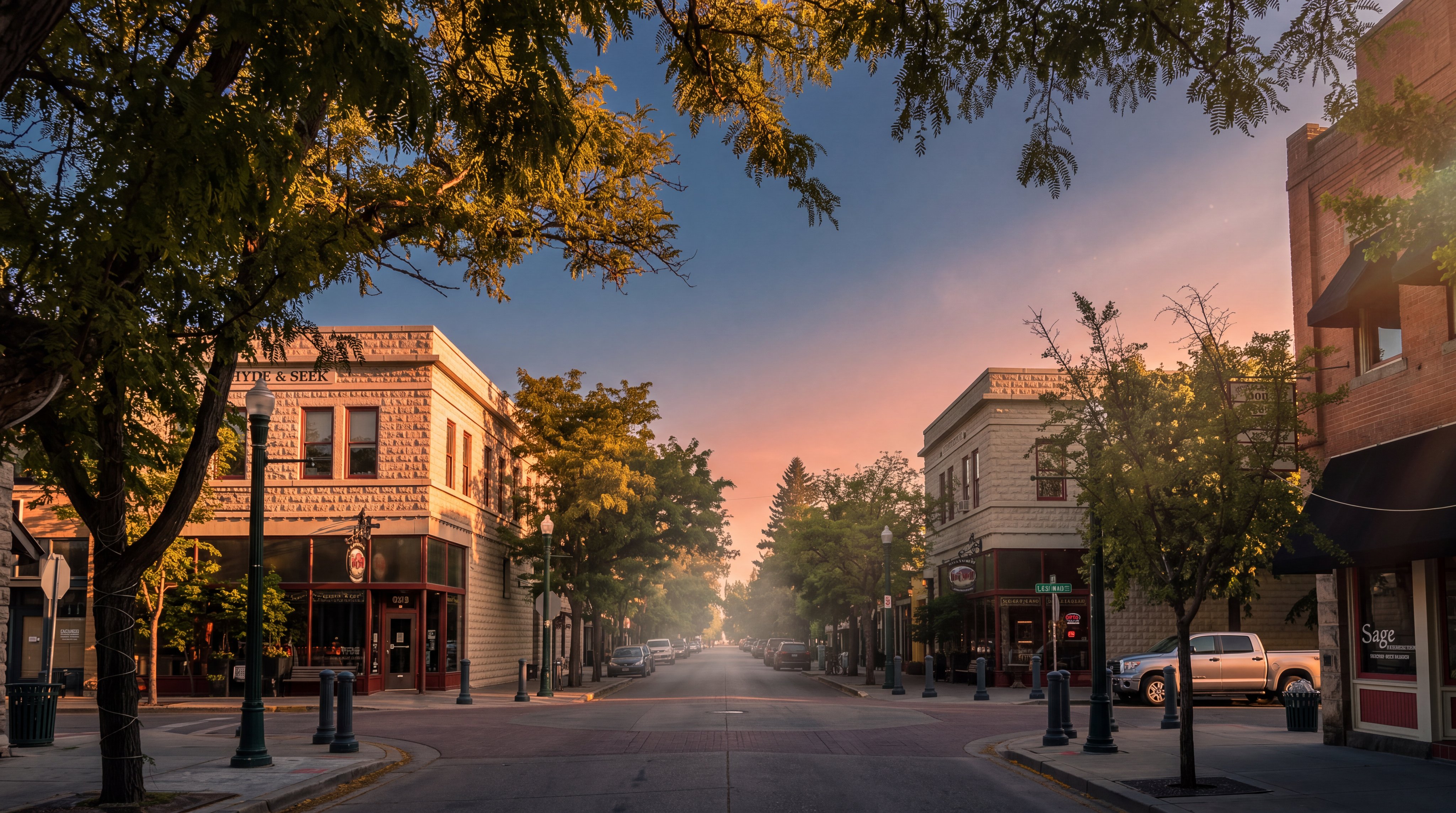 This image captures a vibrant, sunny street scene in a historic neighborhood, featuring commercial storefronts and brick buildings. The scene highlights a walkable, pedestrian-friendly environment with cyclists navigating the paved intersection, suggesting a lively and accessible community location. Mature trees provide shade, adding to the appealing, small-town atmosphere of this commercial district.