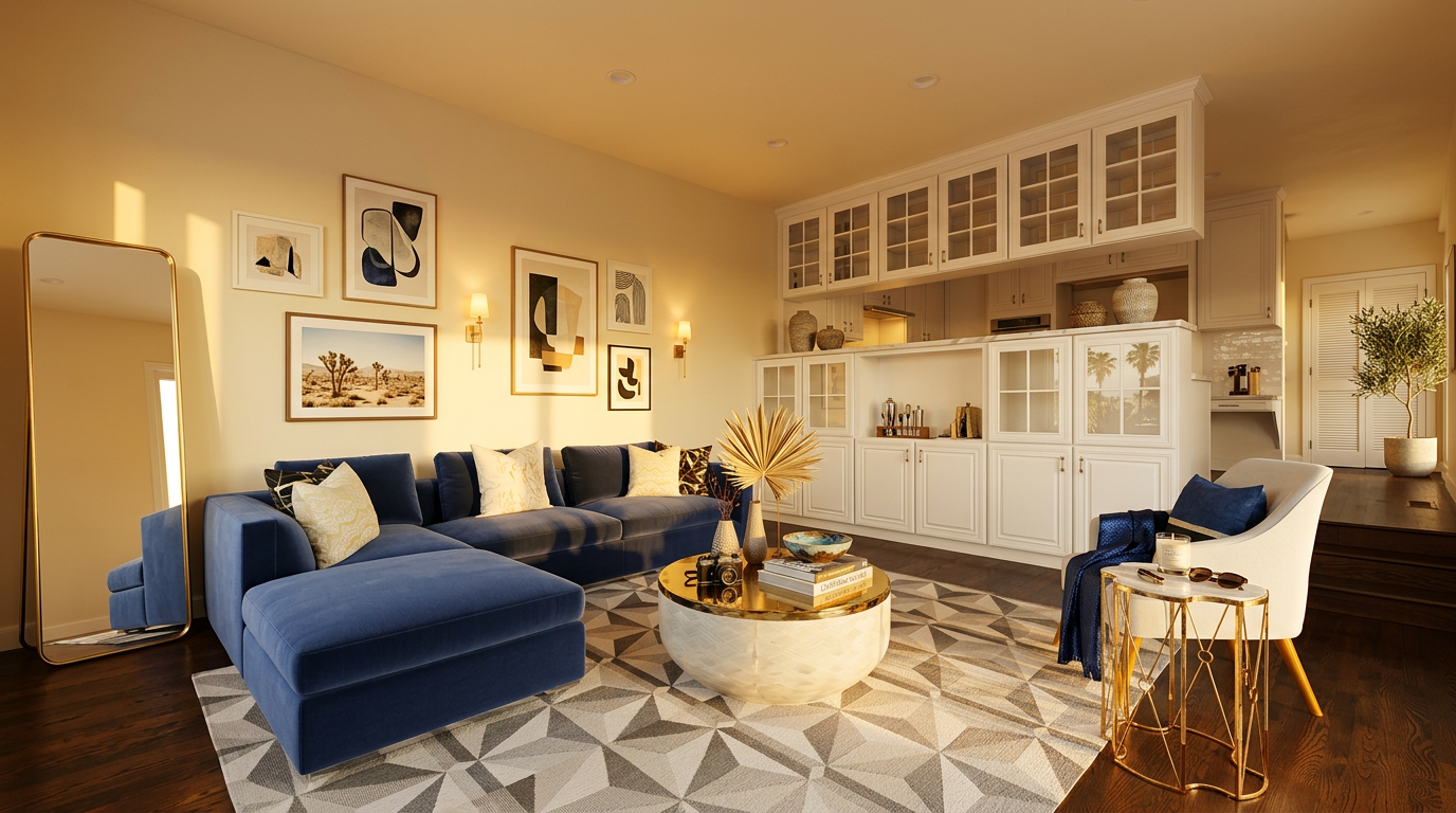 This elegantly designed living room features a plush, deep blue velvet sectional sofa and a stylish round coffee table with a mirrored gold top atop a geometric patterned area rug. The space is brightened by warm, natural sunlight and includes high-end details such as a large gold-framed floor mirror, wall-mounted art, and integrated kitchen cabinetry in the background that provides a seamless open-concept feel. The combination of modern furniture and sophisticated lighting creates an inviting and upscale atmosphere perfect for a refined home listing.