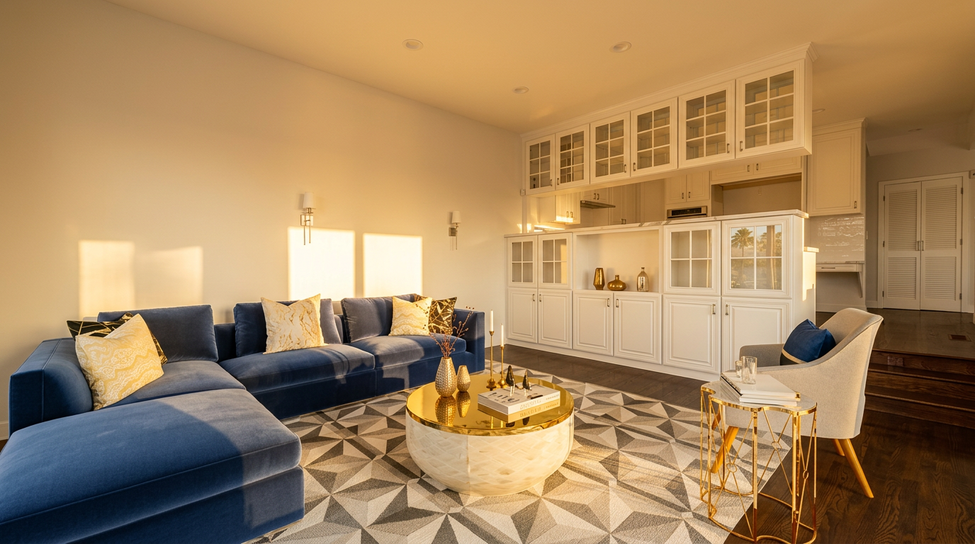 This sophisticated living room features a plush blue velvet sectional sofa adorned with patterned accent pillows, centered around a circular coffee table with a gold mirrored top. The room is anchored by a large, geometric-patterned area rug and complemented by built-in white cabinetry that provides ample storage and display space. The space is filled with warm, natural sunlight, creating a bright and inviting atmosphere that flows into the adjacent dining or kitchen area.