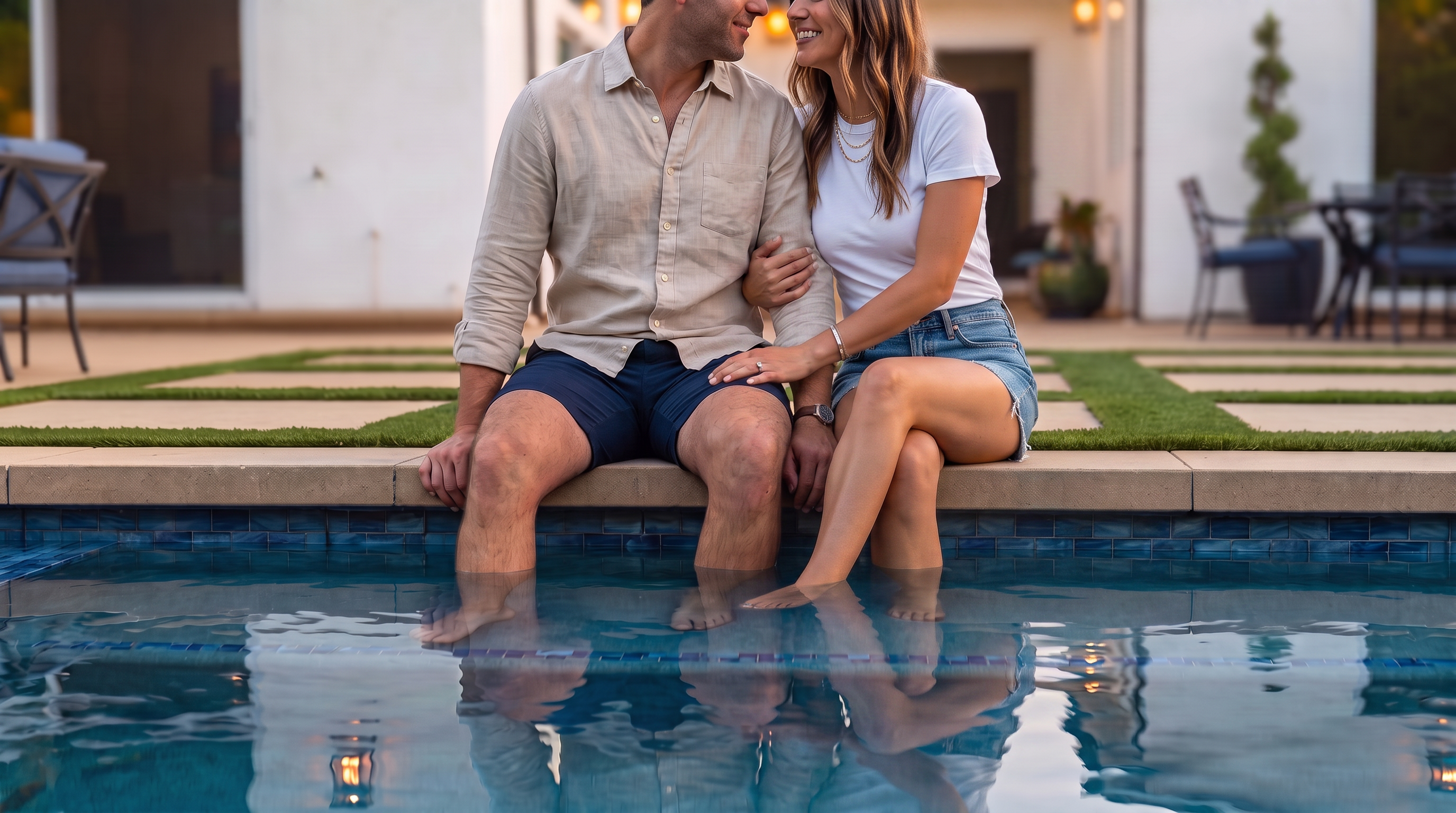 This refined backyard oasis features a modern two-story home with a contemporary design, highlighted by white stucco walls and dark-framed windows. The space seamlessly integrates an inviting swimming pool, geometric turf insets, and a functional outdoor living area complete with lounge seating and a dining space. It offers a sophisticated, resort-style atmosphere perfectly suited for high-end residential outdoor entertaining.