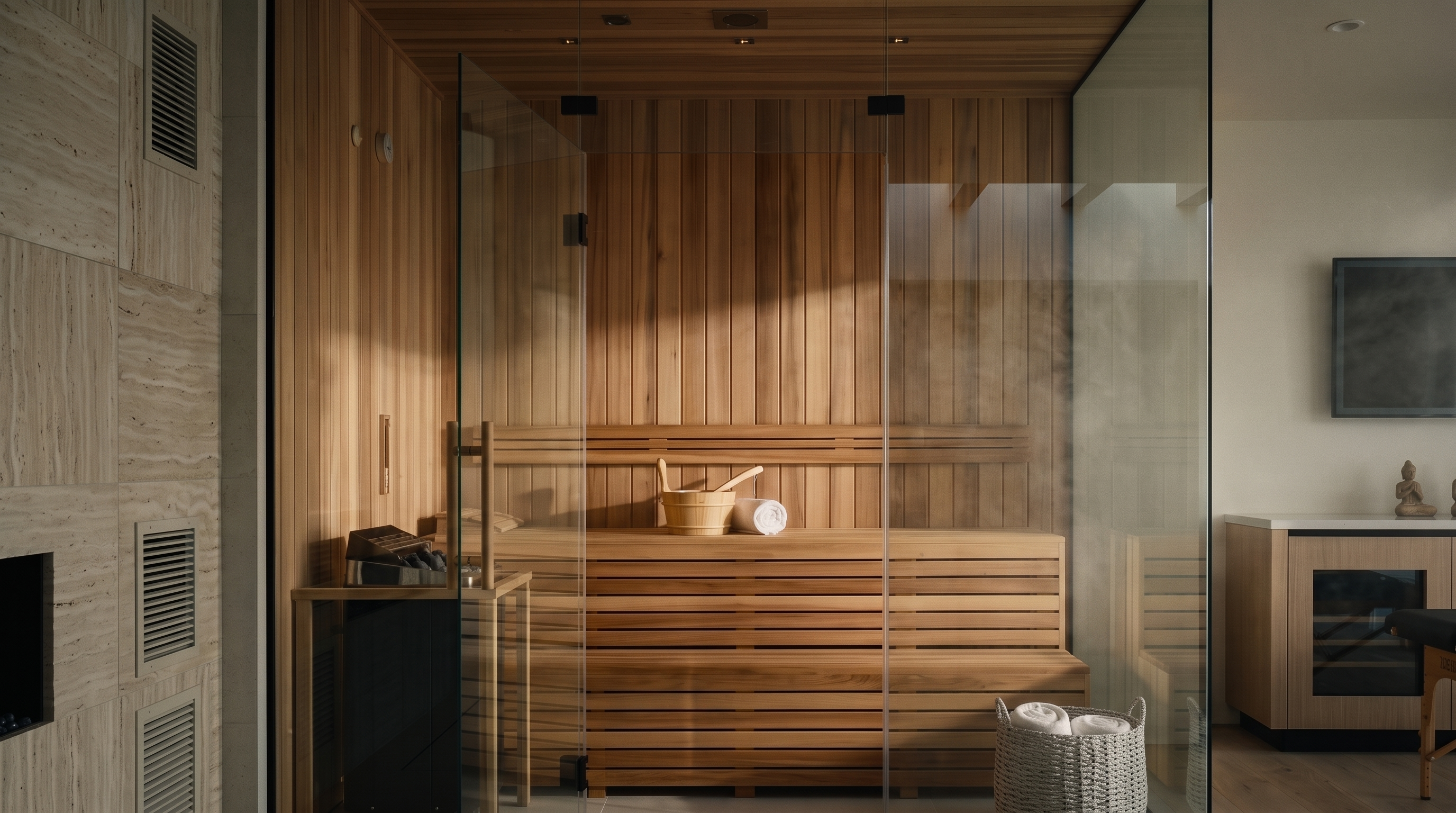 This interior space features a high-end sauna constructed with warm, light-toned wood, creating a spa-like atmosphere. The sauna is enclosed in a modern glass structure and includes slatted wood bench seating and a bucket for water, while the adjacent area is subtly finished with neutral tiles and a sleek cabinetry unit. The meticulous attention to detail and natural texture makes this an ideal wellness amenity for a luxury residence.