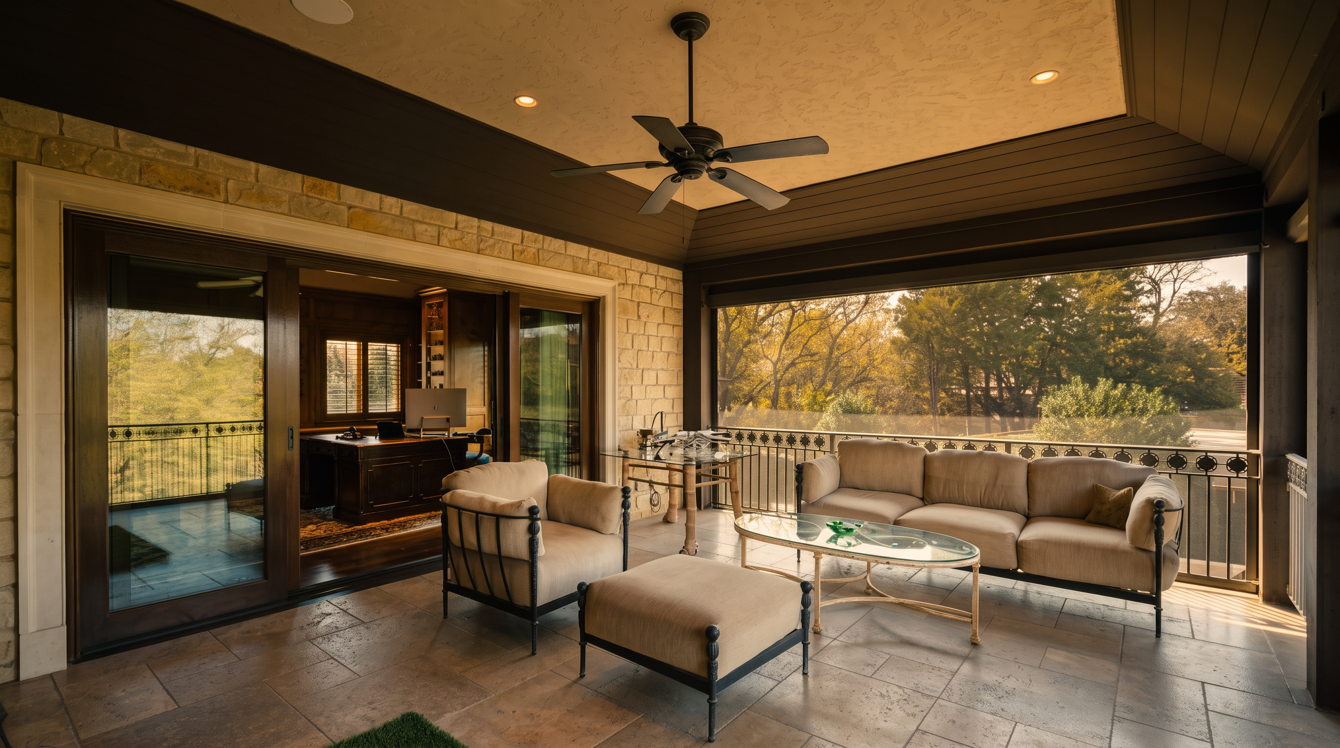 This covered outdoor living space features a stone-clad wall and large sliding glass doors that open into an interior office. The area is furnished with a beige sofa, matching armchairs, and a glass-topped coffee table, all set on a tiled floor. A ceiling fan hangs from the recessed ceiling, and the space is enclosed by a metal railing that overlooks the surrounding trees.