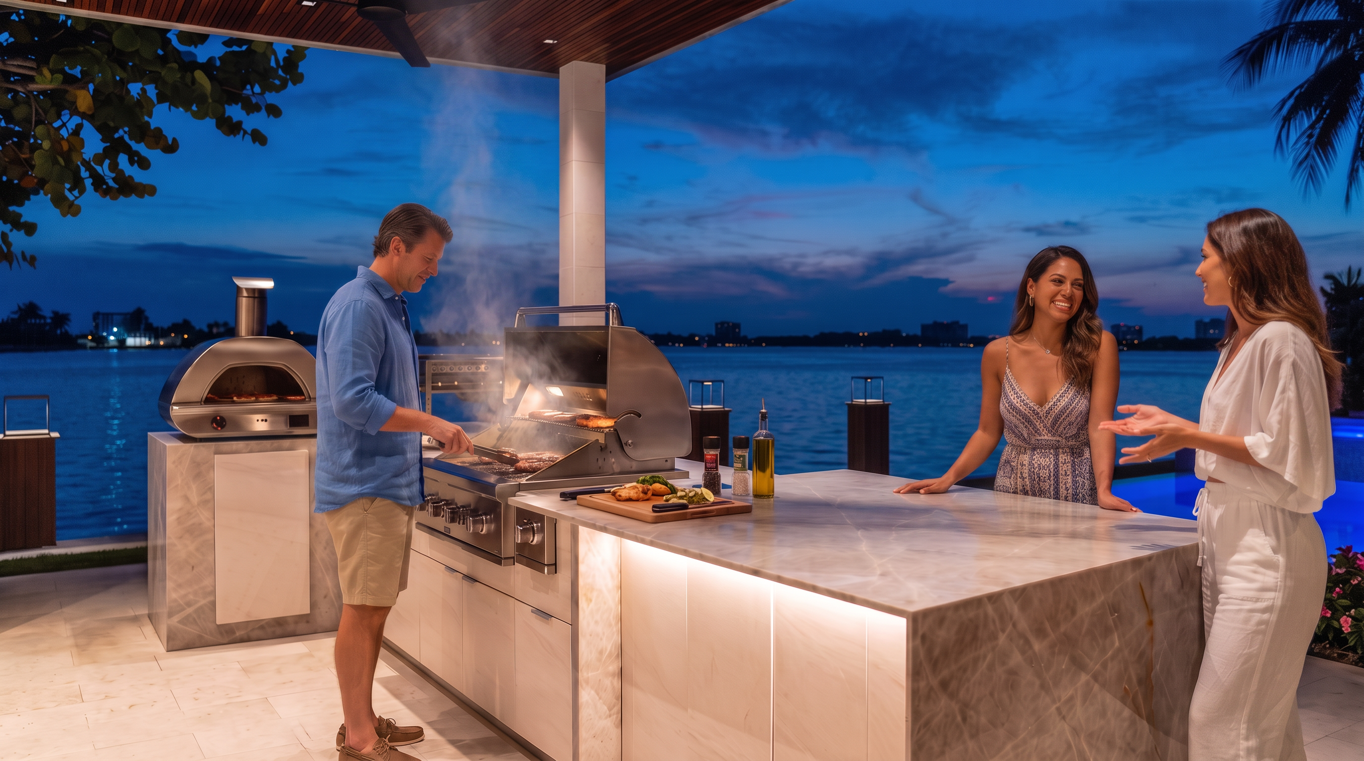 This luxurious outdoor kitchen and lounge area features a sleek stone-topped island with integrated lighting, a built-in grill, and a pizza oven. The space is covered by a warm wood-paneled ceiling with recessed lighting and ceiling fans, opening directly to a waterfront view with a private pool and spa. The cinematic perspective captures the transition from the sophisticated, illuminated outdoor living space to the serene twilight horizon over the water.